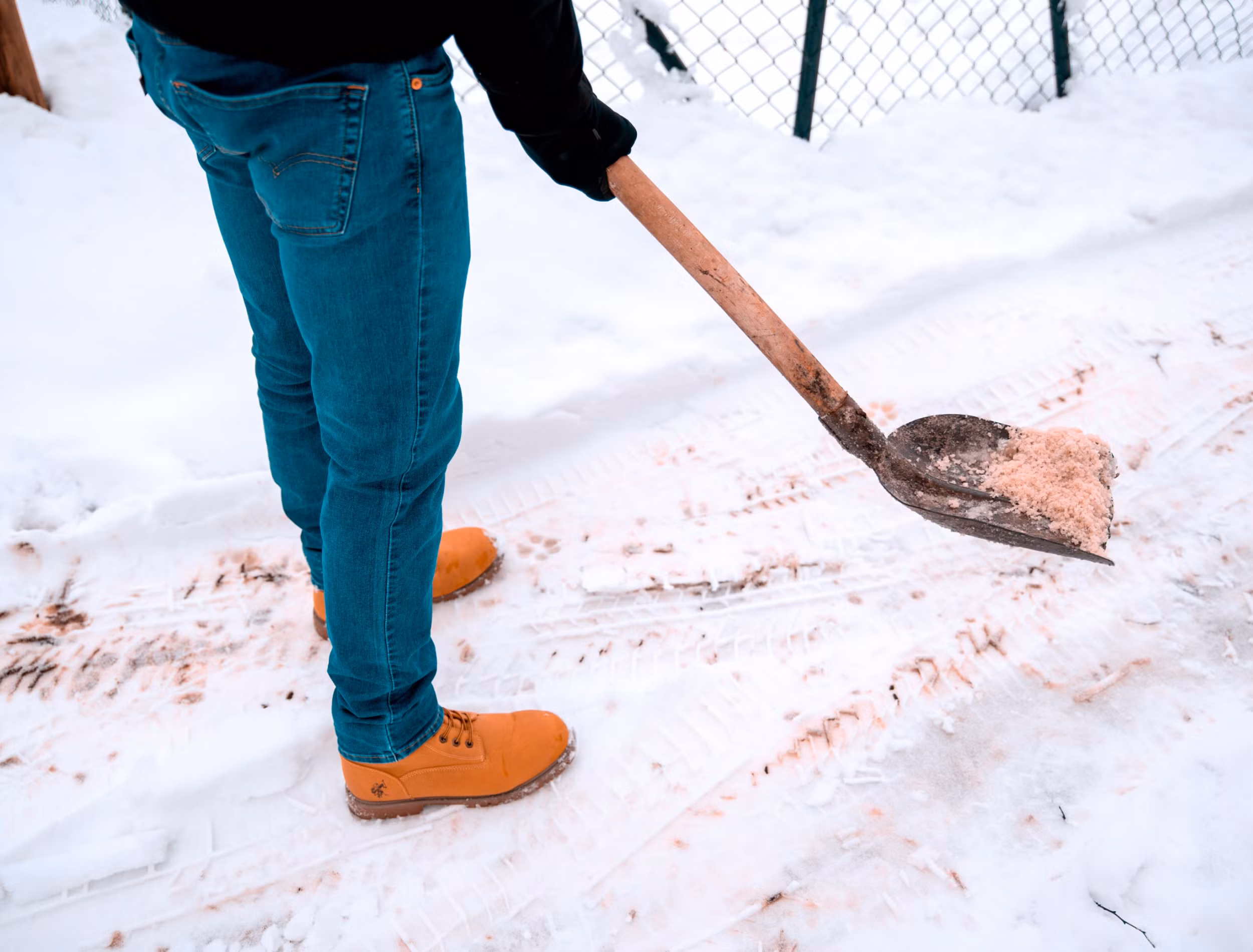 Spreading ice melt on a Calgary property walkway