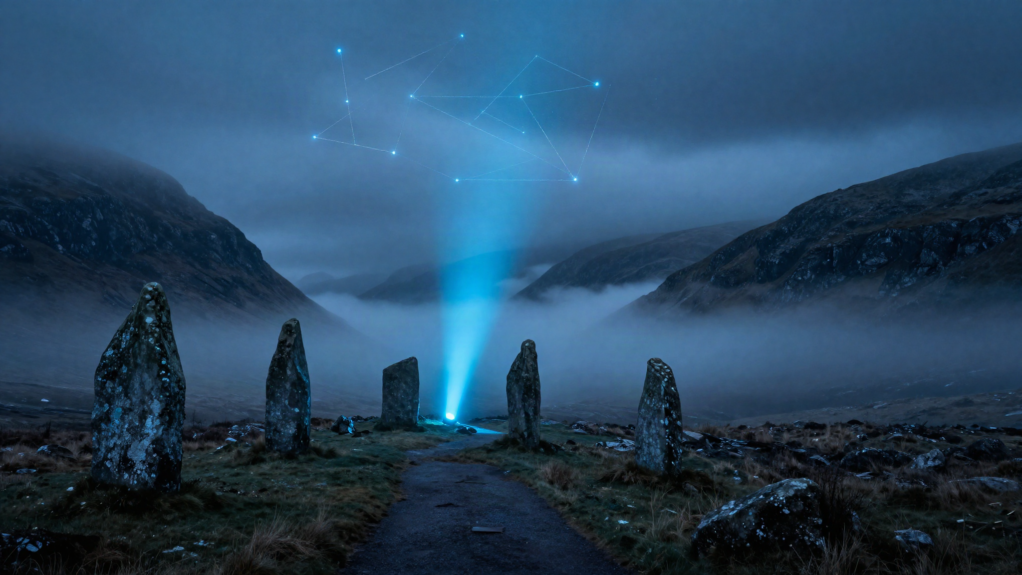 A misty Scottish highland pass at night with a shaft of light on the path ahead