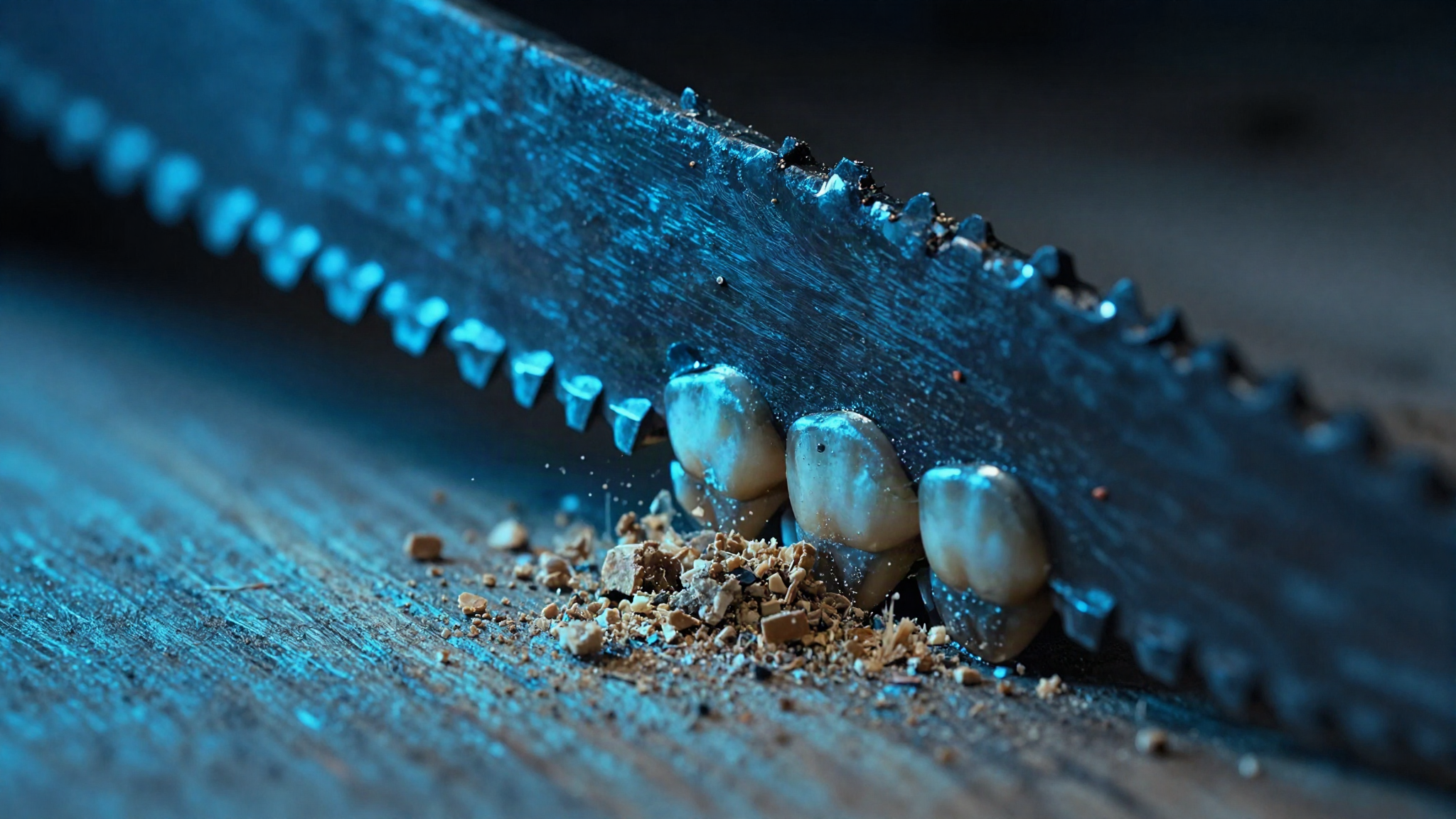 Extreme close-up of saw teeth biting into oak grain
