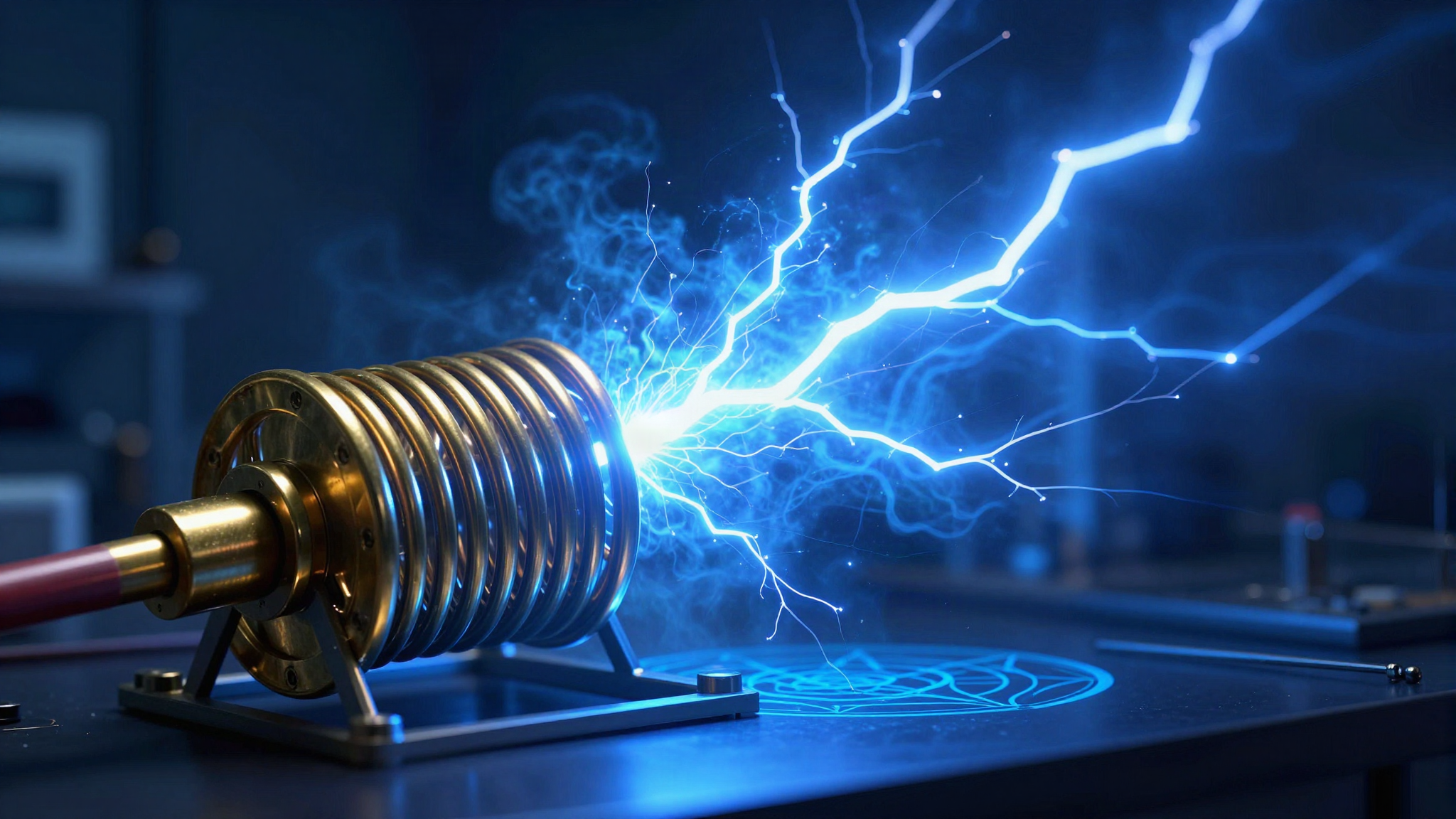 Electrical coil discharging blue lightning filaments across a laboratory bench