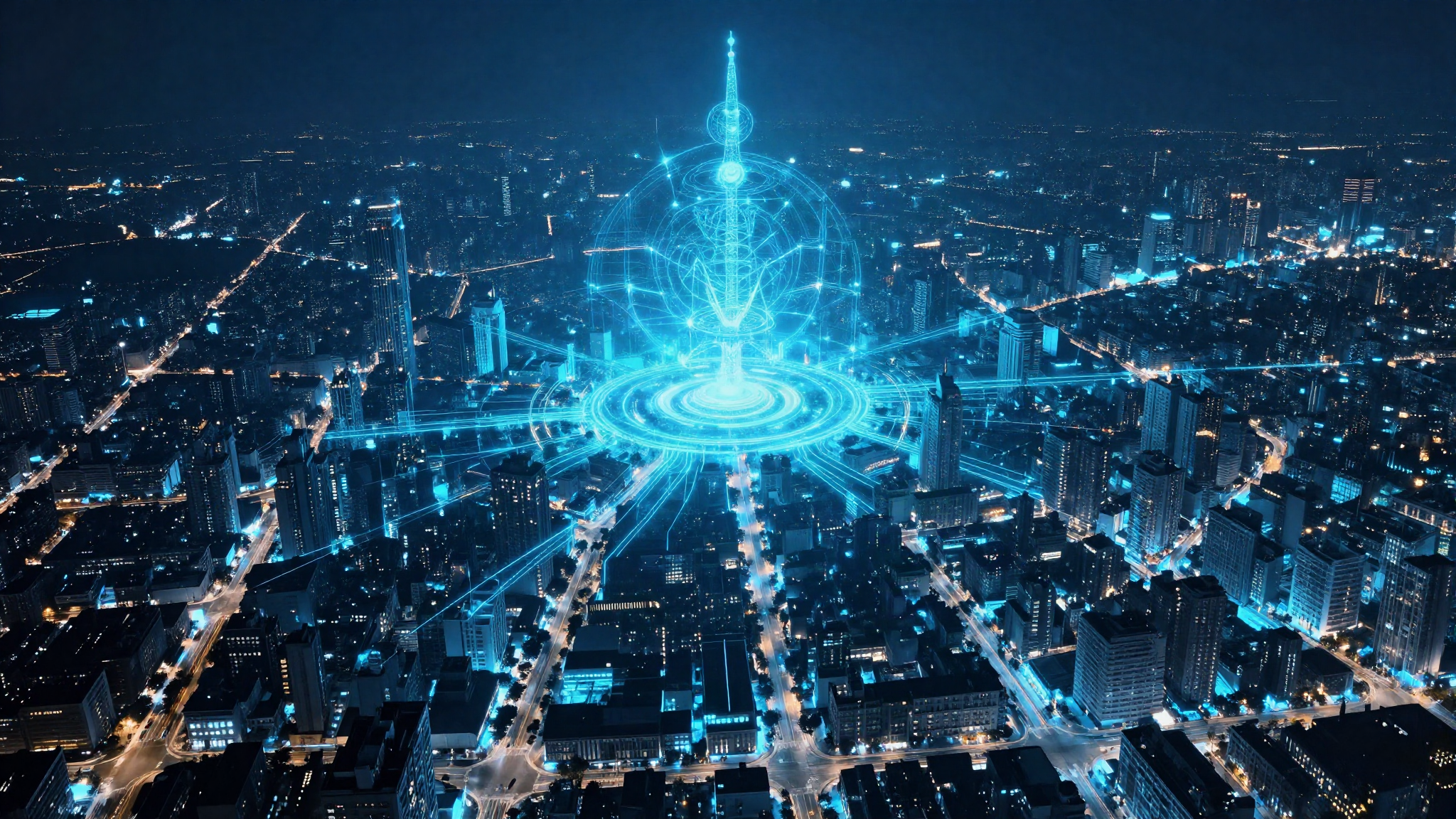 Aerial view of a city grid glowing as a blue circuit at night