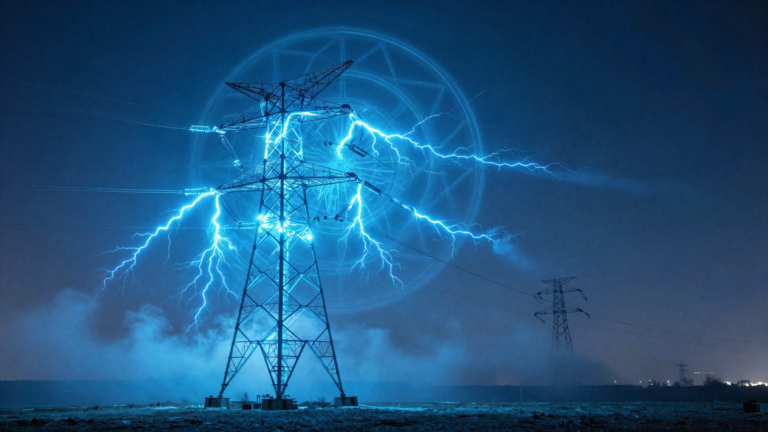 High-voltage transmission tower lattice lit in electric blue at night