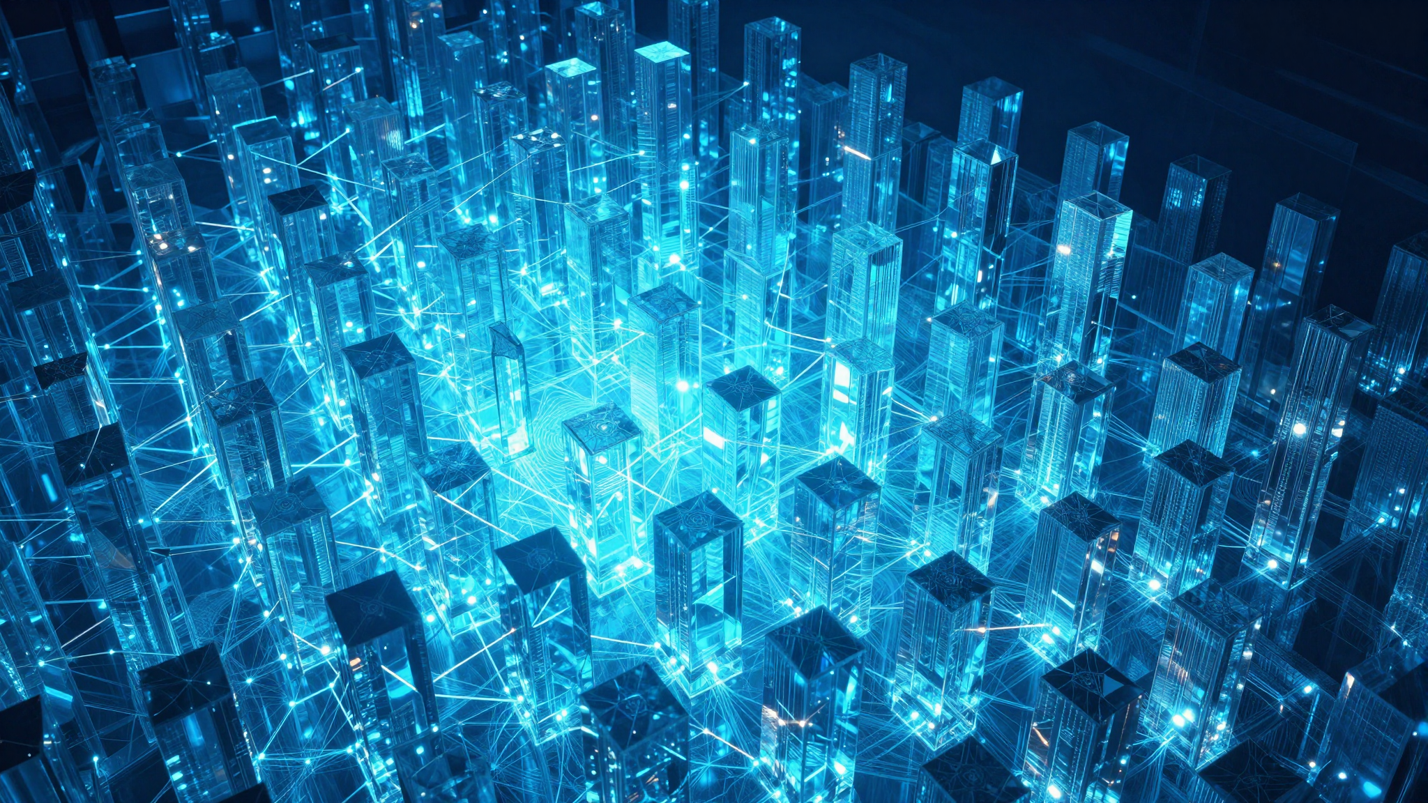 Crystalline lattice of glowing blue interconnected ledger nodes