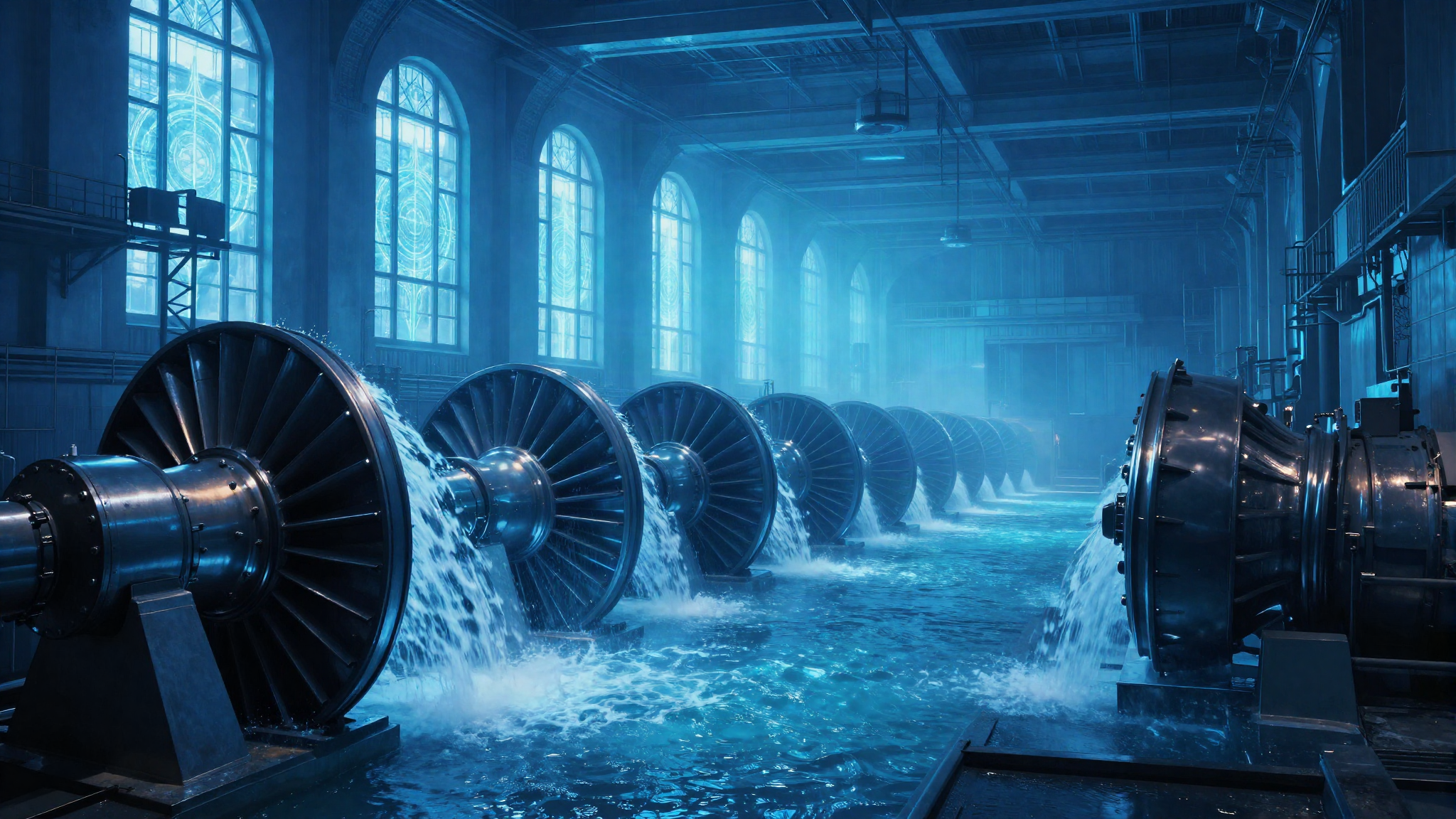 Cathedral-scale hydroelectric powerhouse hall lined with turbines in blue light
