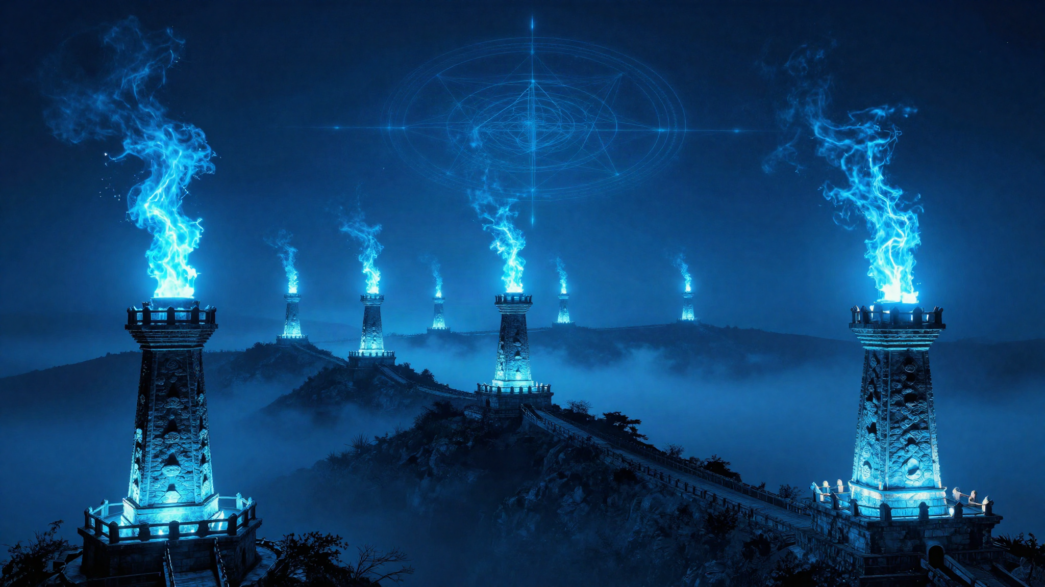 Chain of stone signal towers burning blue along ridgelines to the horizon