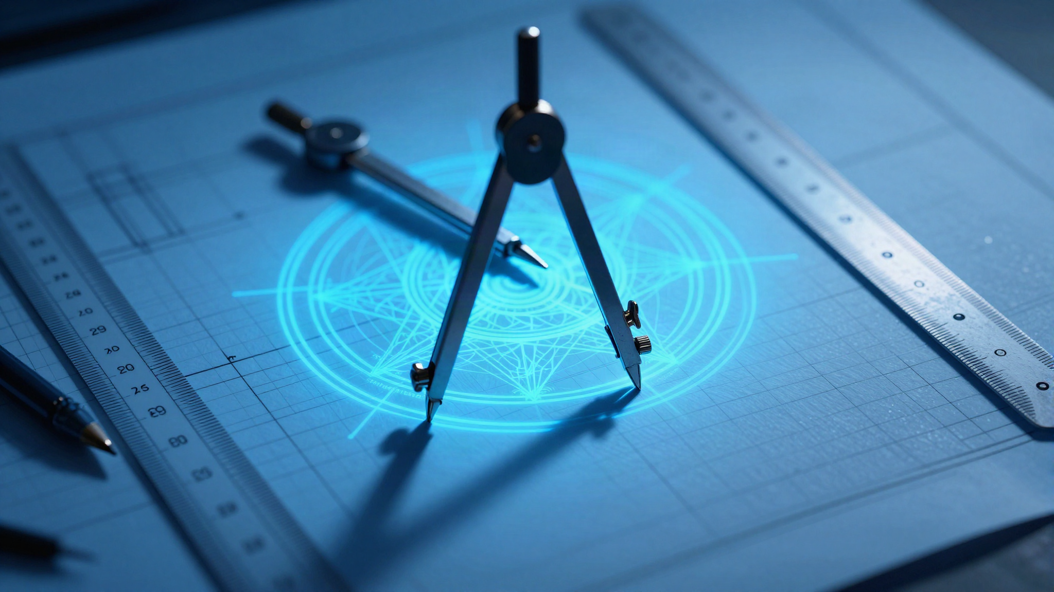 Drafting table with compass and rule over gridded blueprint paper in blue light