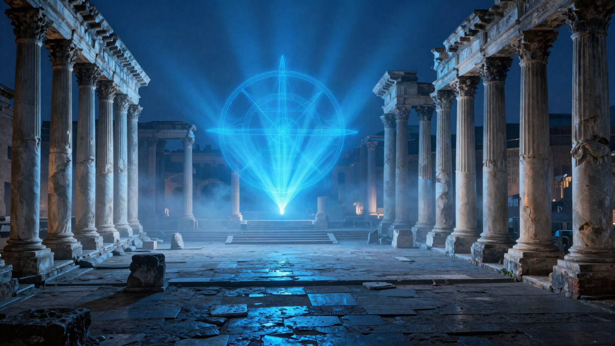 Empty Roman forum at blue hour with weathered marble columns in mist