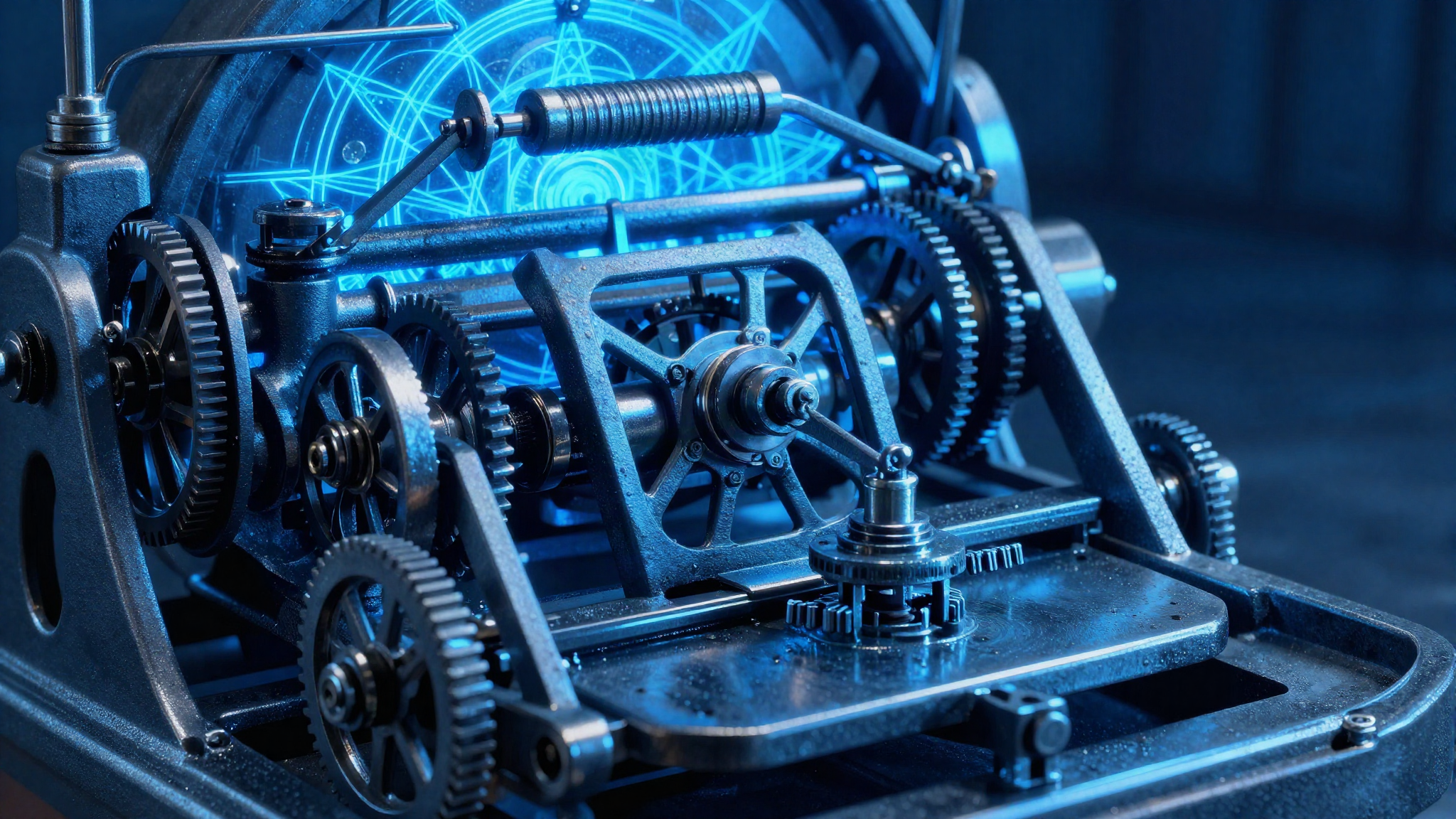 Antique printing press mechanism in sharp detail under blue light