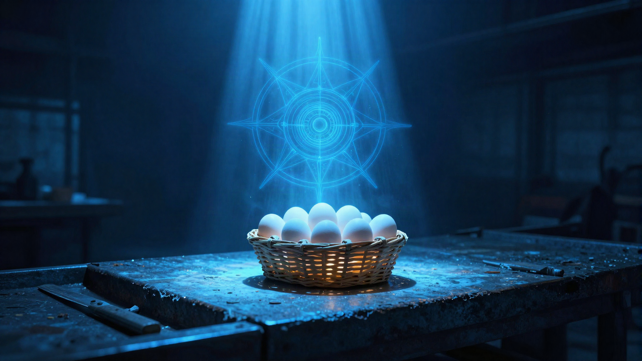 A single basket under one shaft of blue light