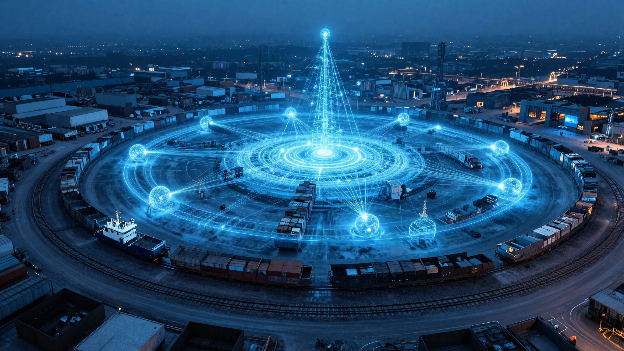 Rail lines and freight forming a network at blue hour