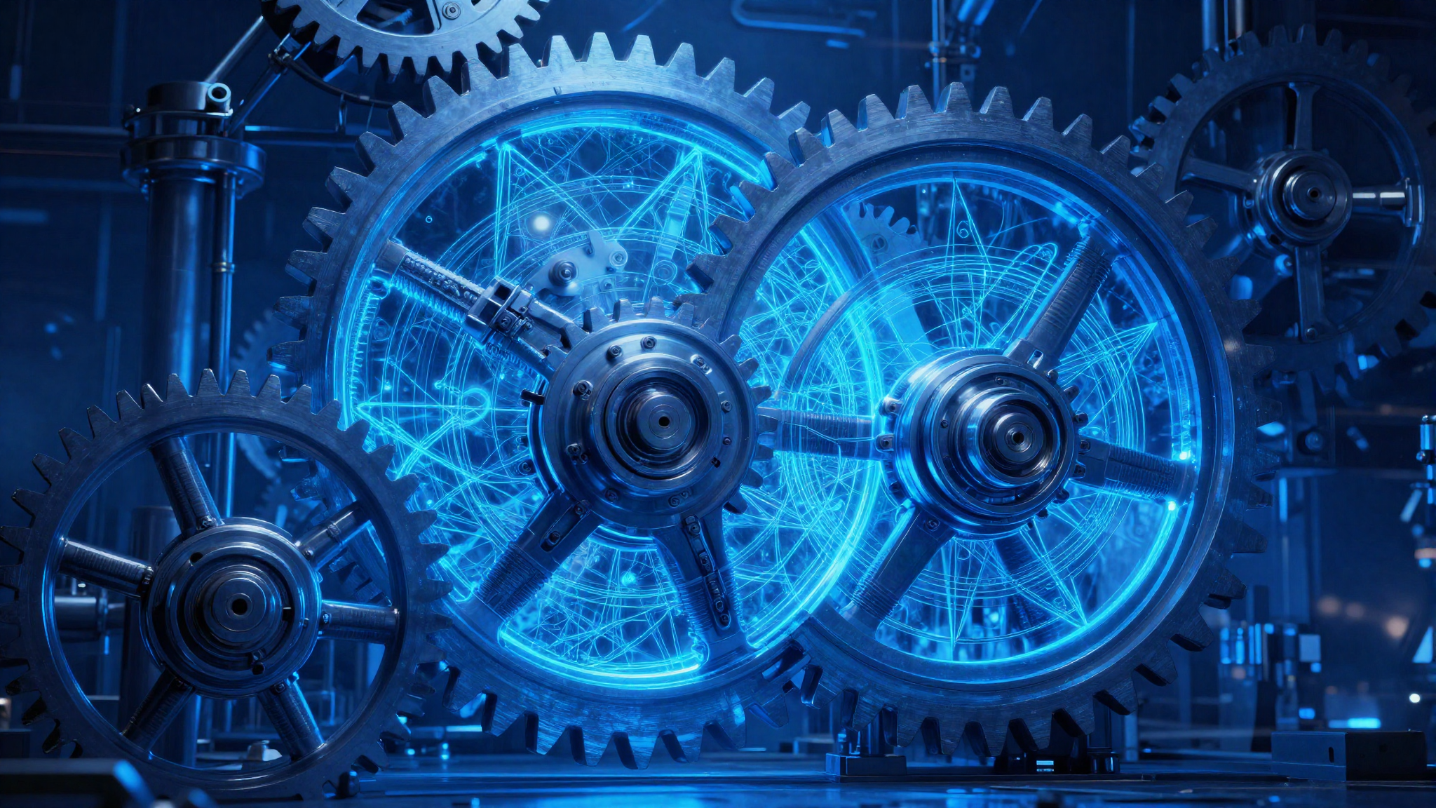 Interlocking industrial gears in blue light
