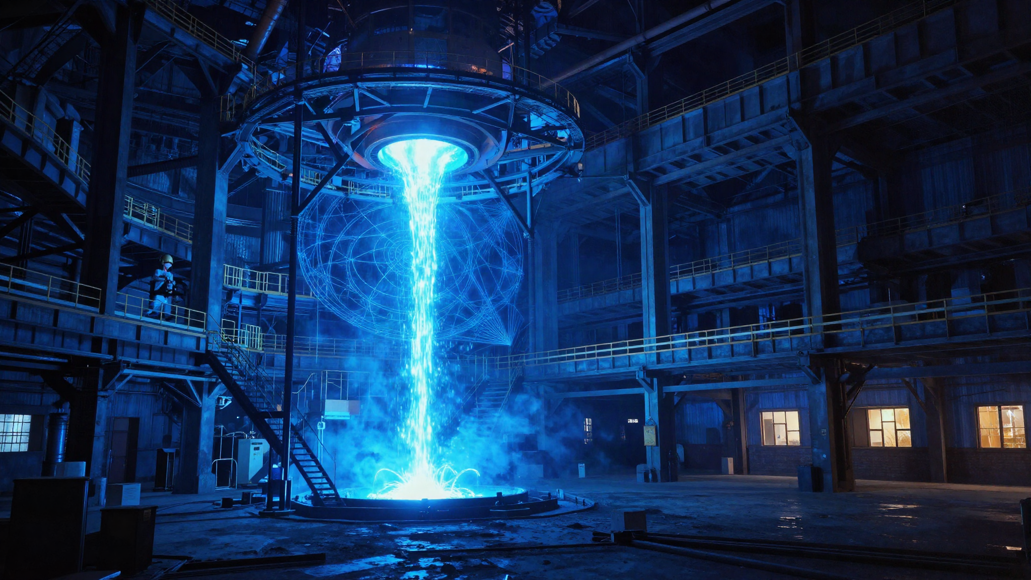 A steel mill hall lit in electric blue