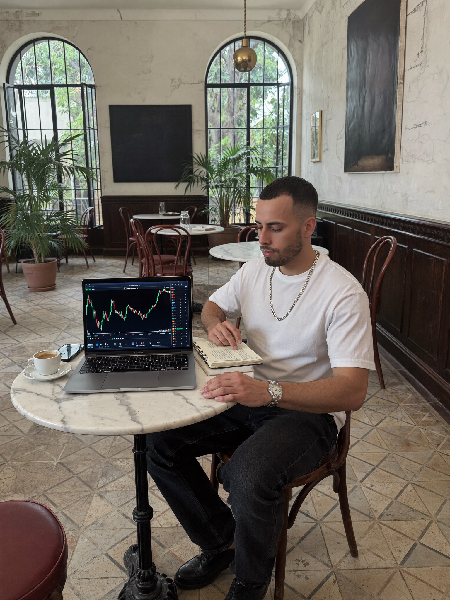 Cody Wise working through a live price chart in a Mexico City cafe, where a market either clears or it does not