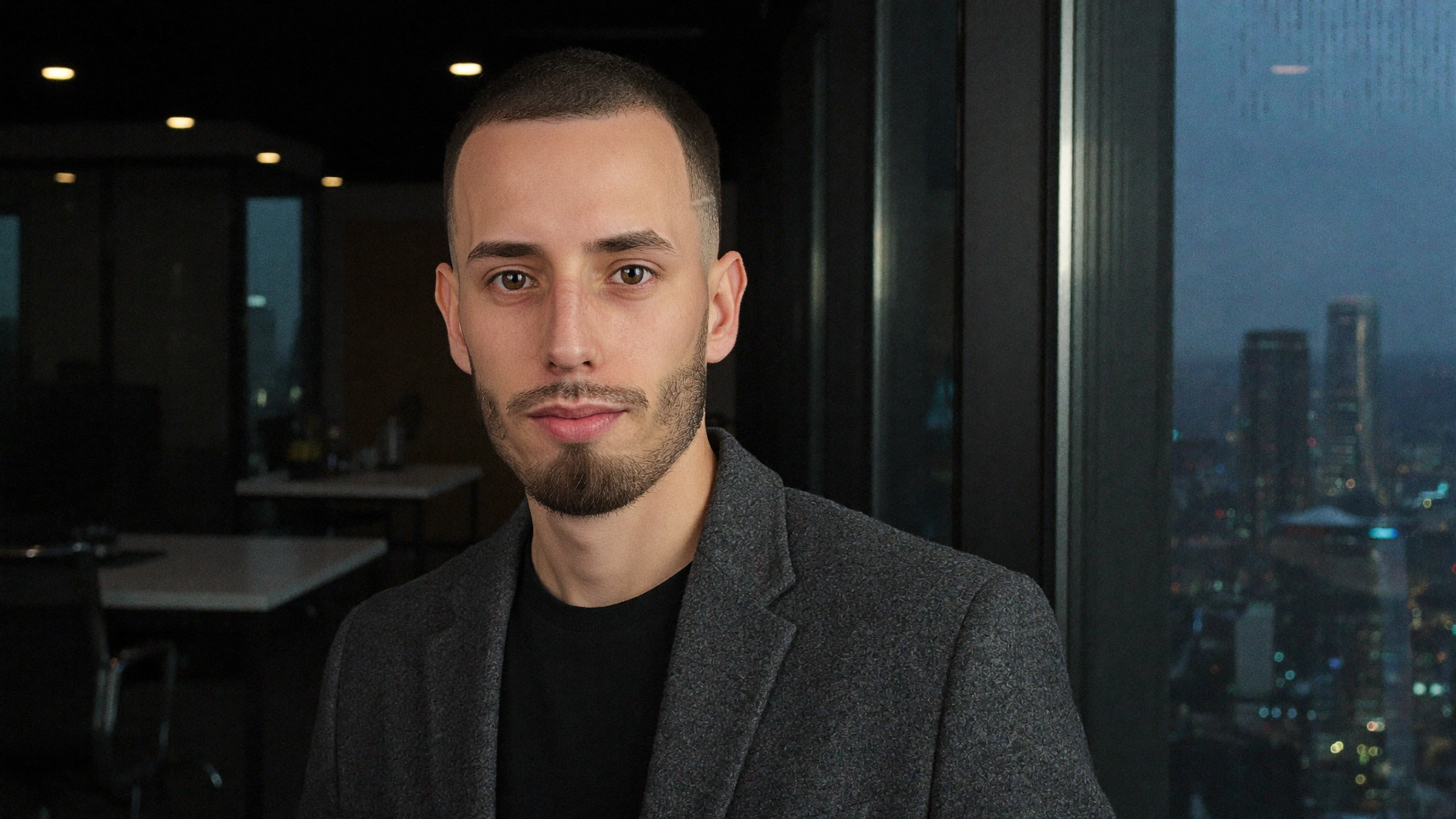 Cody Wise in a dark office at blue hour