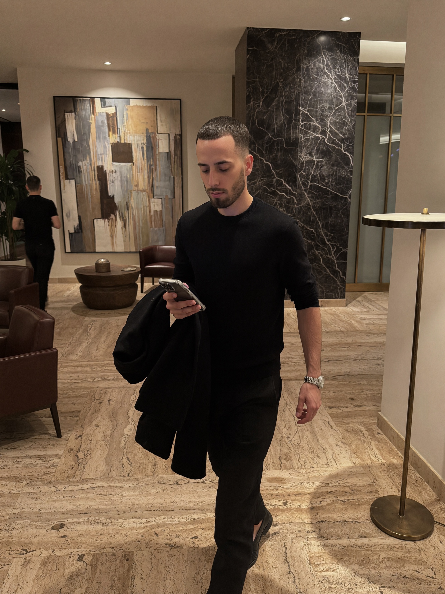 Cody Wise in a hotel lobby at night