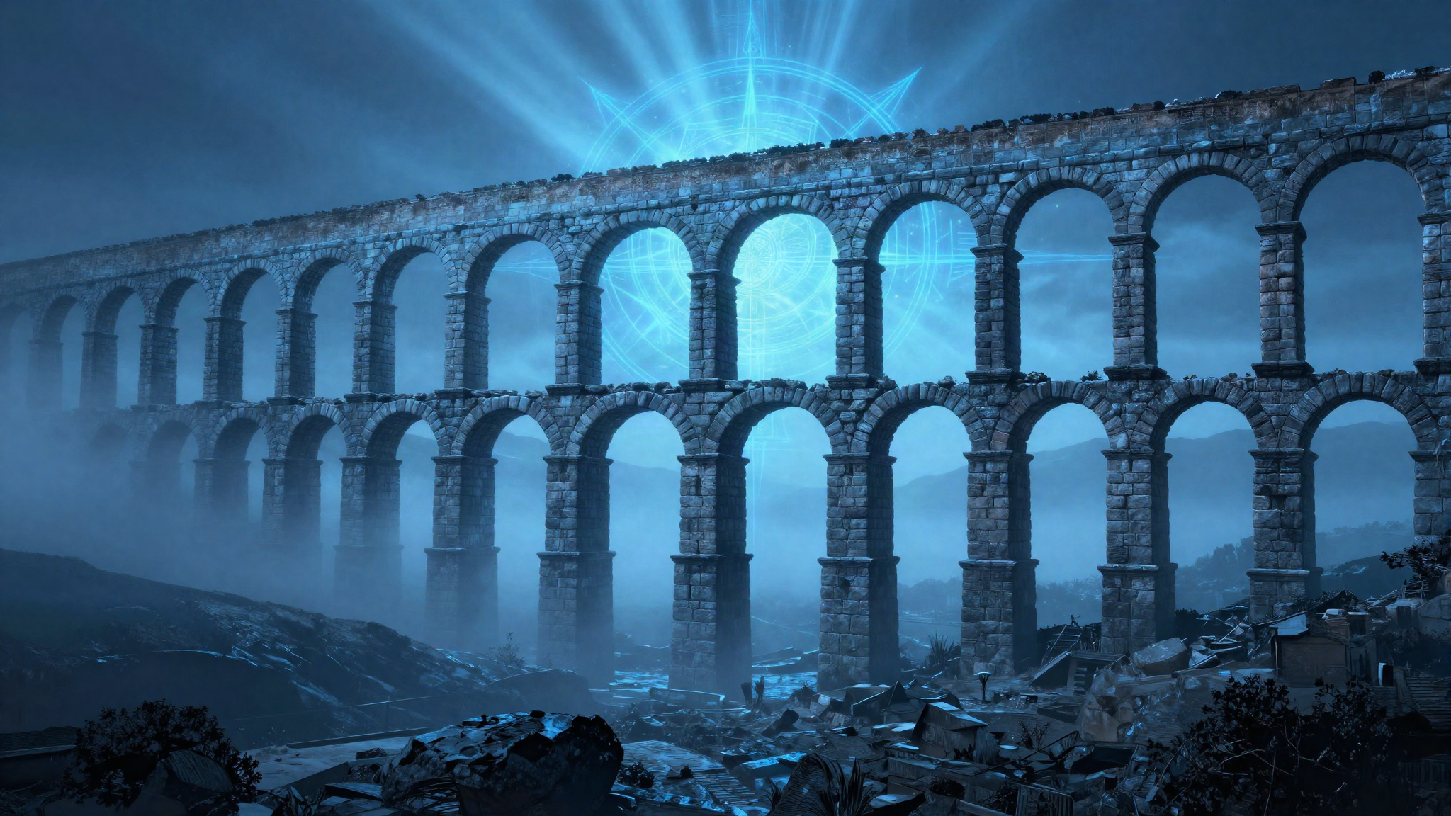 Ancient stone aqueduct in receding arches across a misted valley in blue light