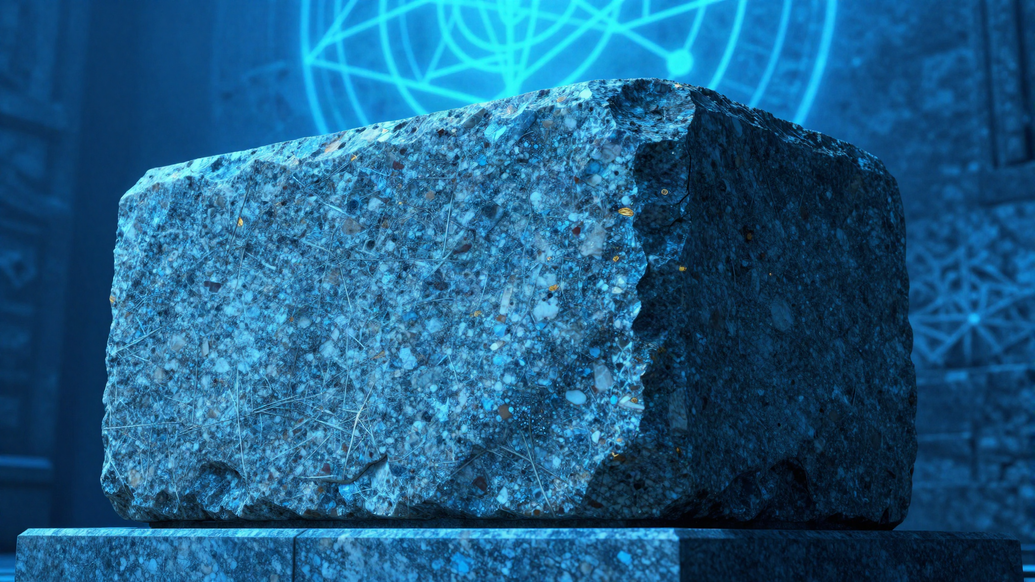 Massive cut granite cornerstone set into the base of a monumental wall