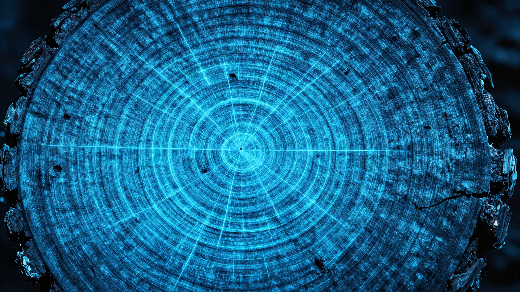 Macro cross-section of an ancient tree trunk showing concentric growth rings in blue light