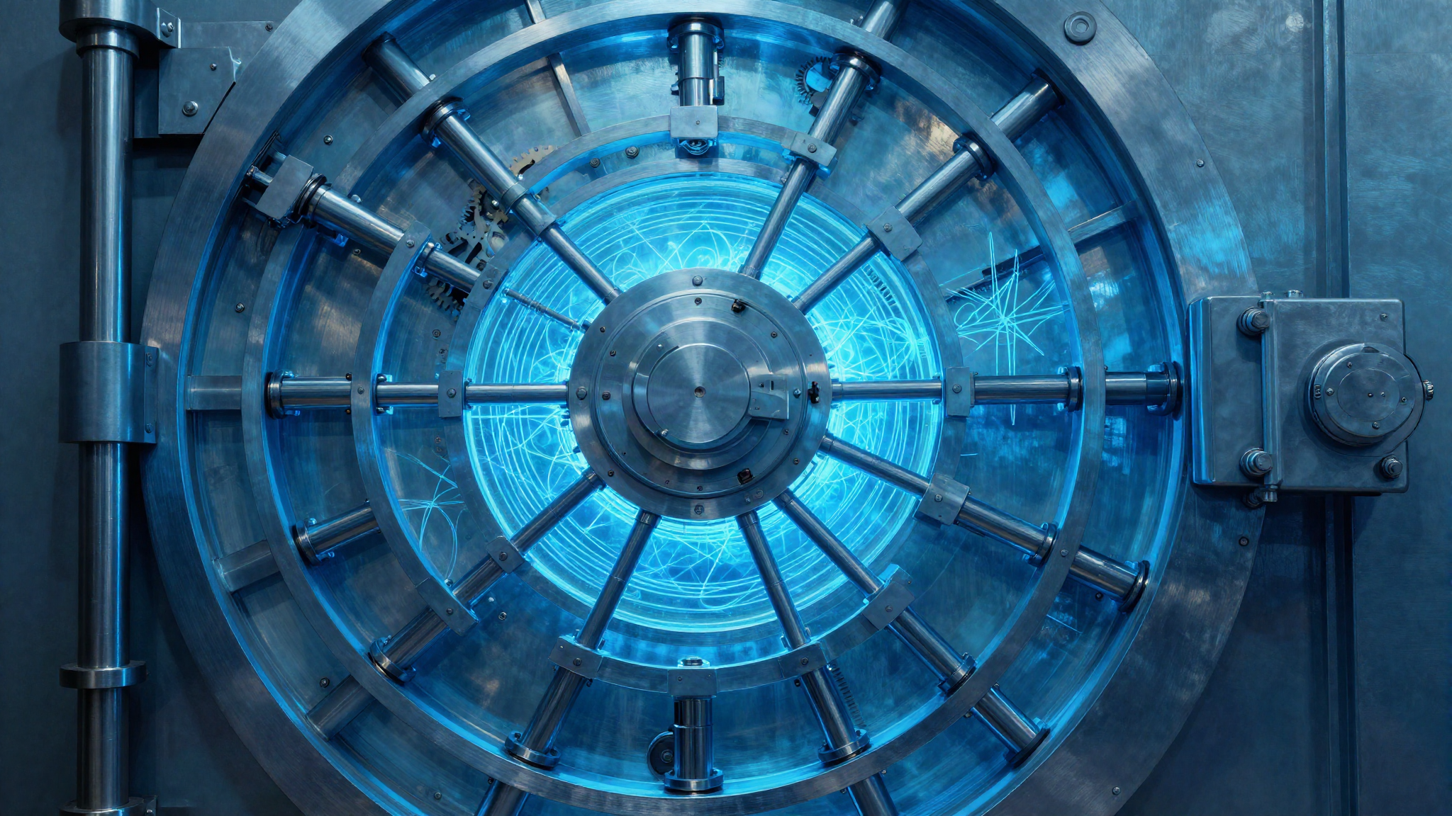 Circular steel locking mechanism of a bank vault door in blue light