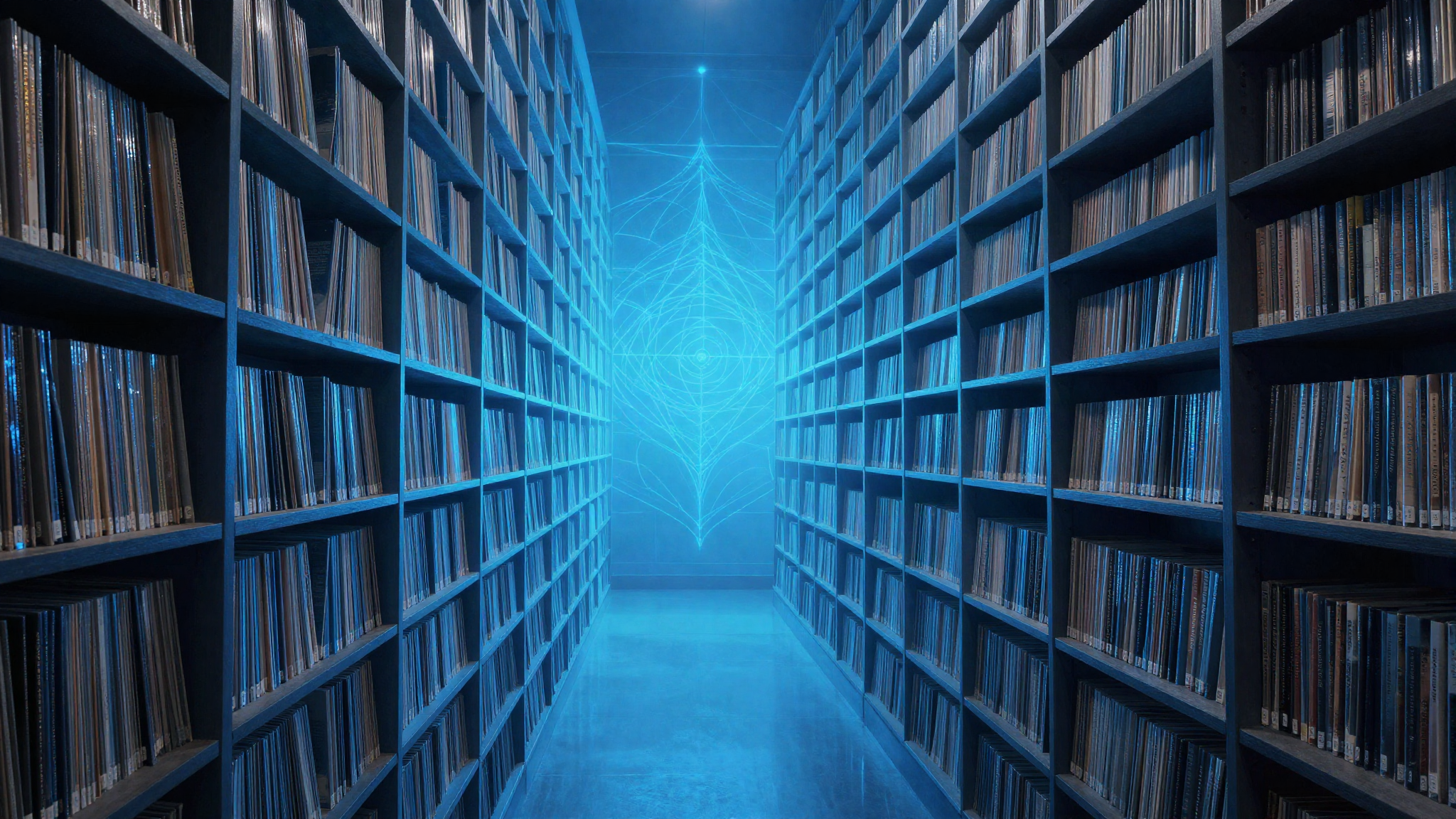 A vast archive wall of identical blank record sleeves receding into blue haze