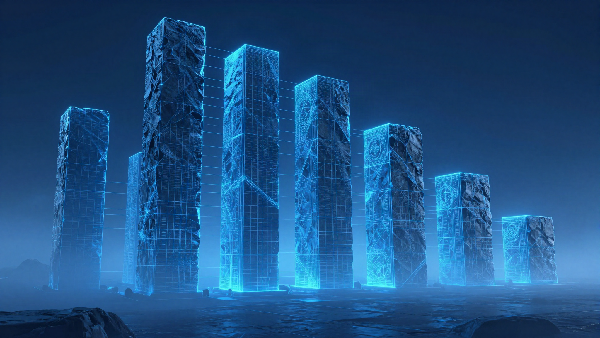 Ascending monolithic stone blocks rising like a bar chart out of low blue fog with blueprint linework