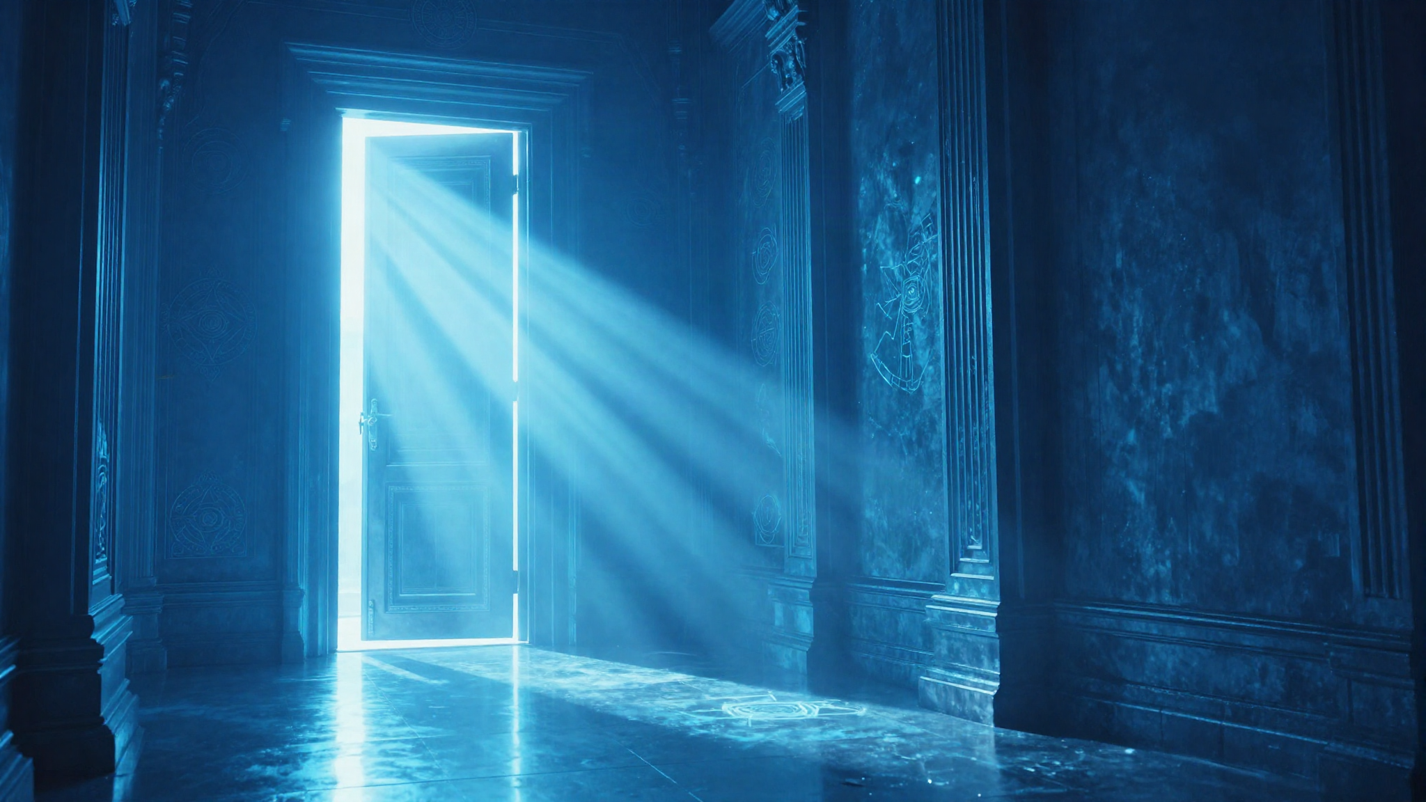 A long corridor with brilliant blue light pouring around a single tall door at the far end