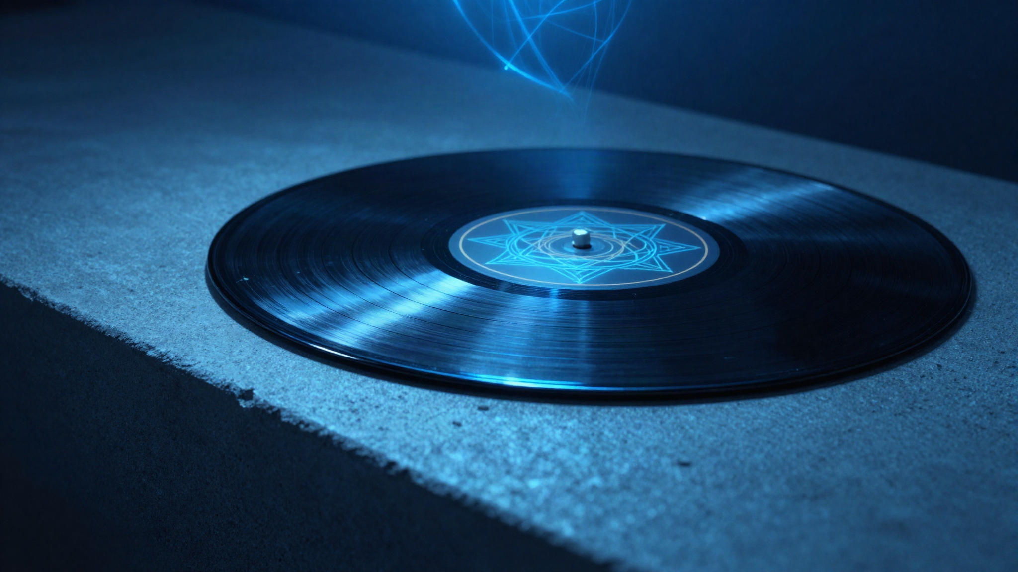 A single unlabeled black vinyl record on a bare counter under one hard shaft of blue light