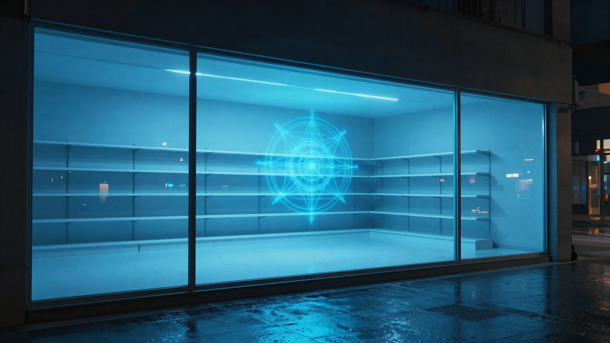 An empty minimalist retail interior at night seen through a glass storefront under blue light