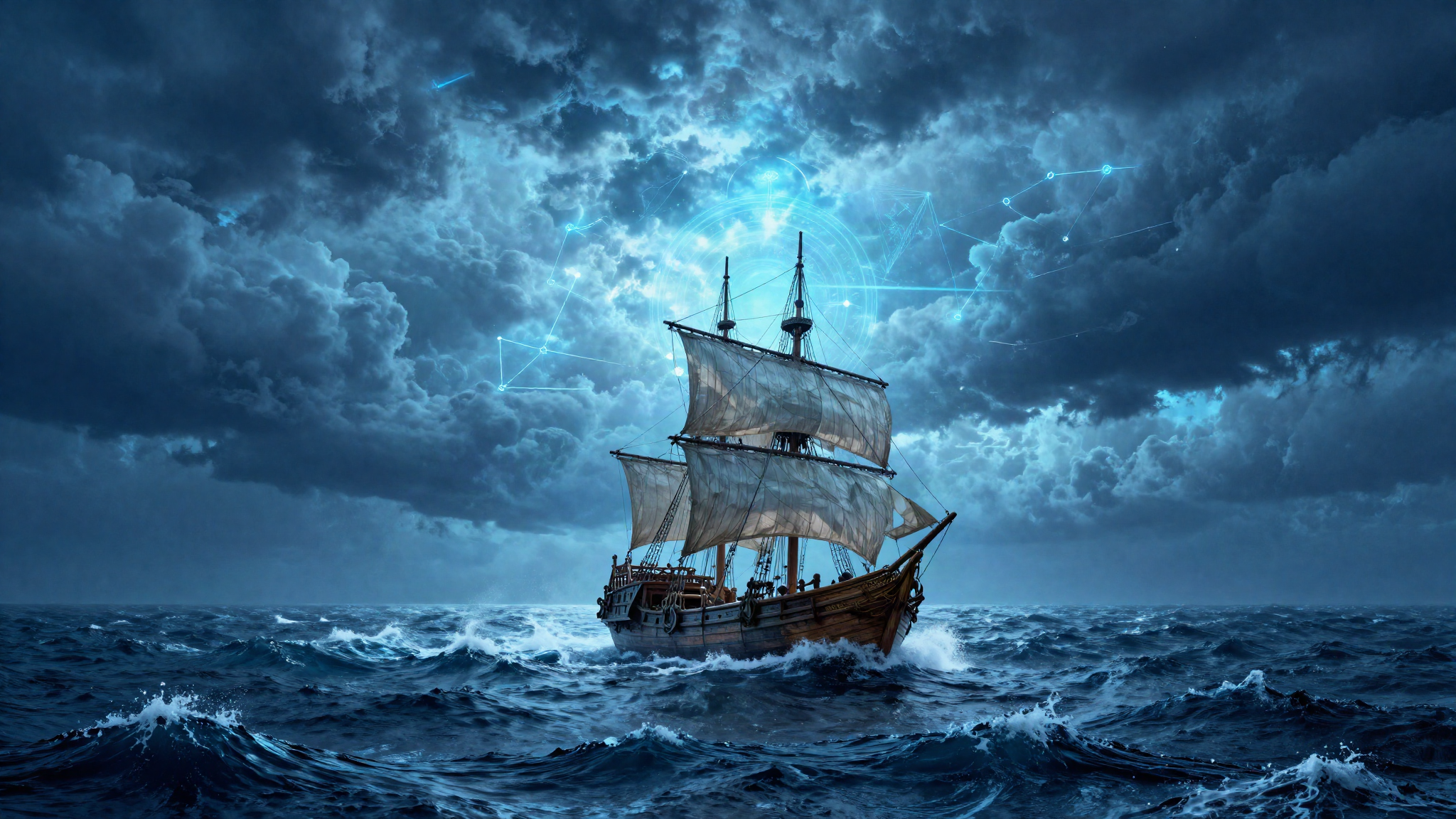 Ancient Greek ship alone on a storm sea in blue light