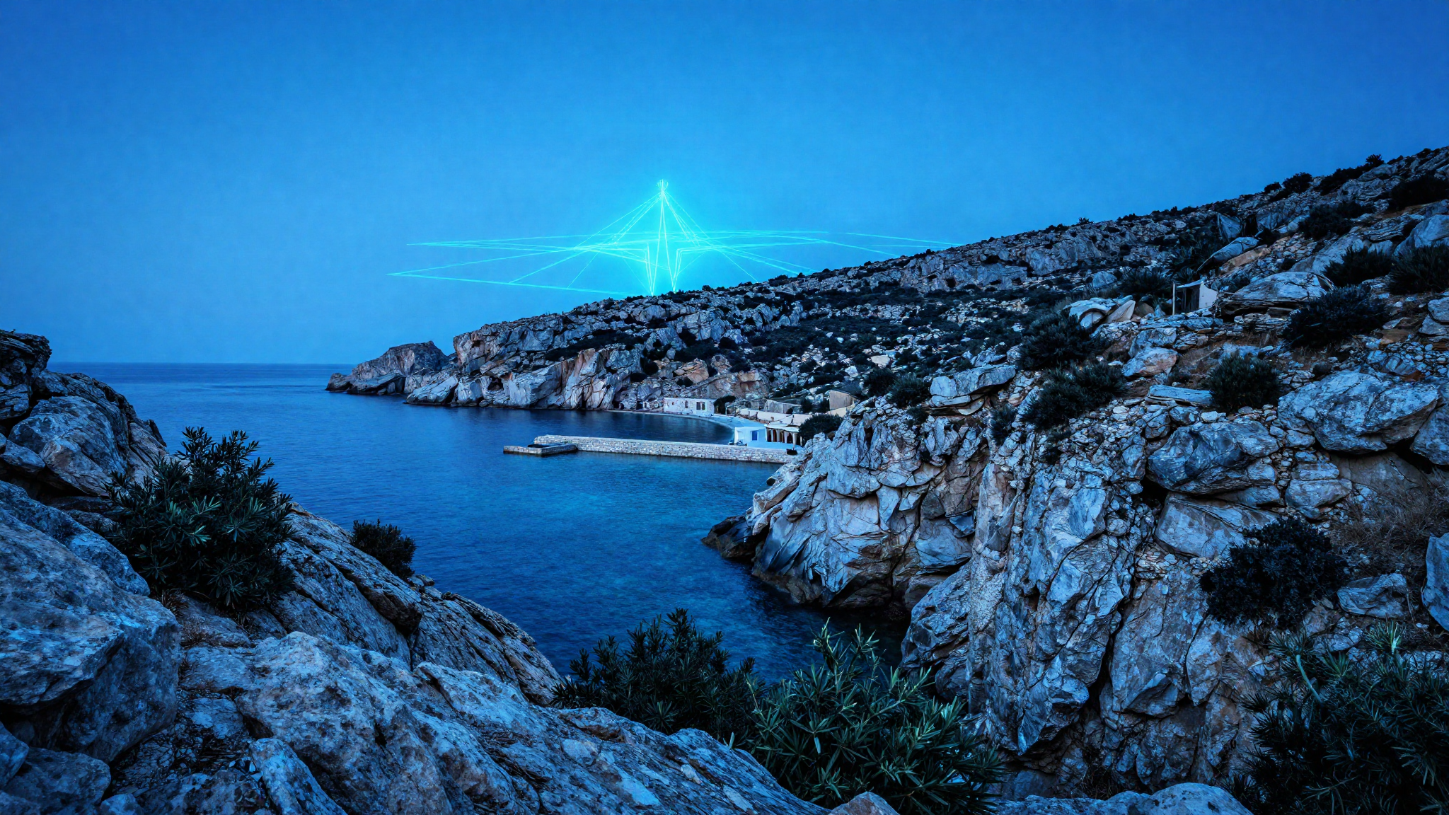 Rocky Greek island coastline at first light in blue light
