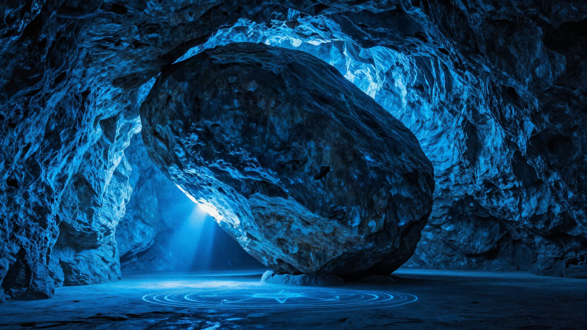 Interior of a vast cave sealed by a colossal boulder, blue light