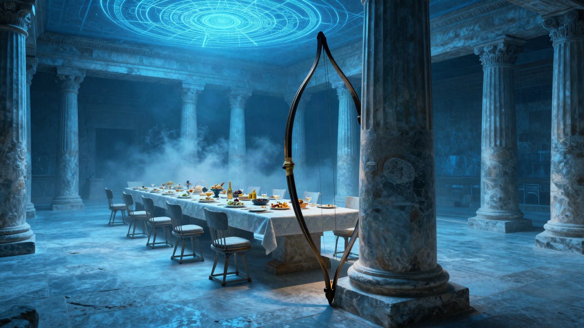 Empty ancient palace hall with a great bow leaning against a pillar, blue light