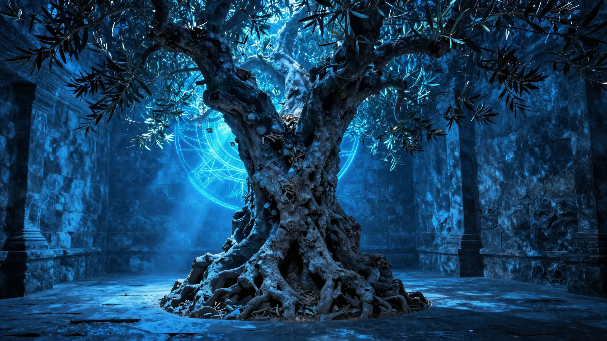Ancient stone bedchamber built around a living olive tree trunk, blue light