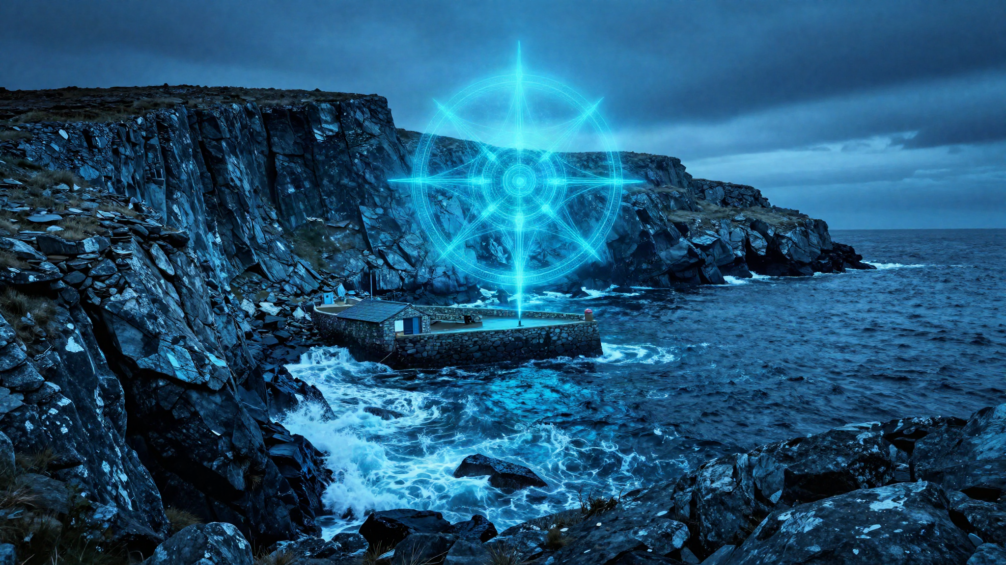 Windswept North Atlantic island coastline with a small stone harbour