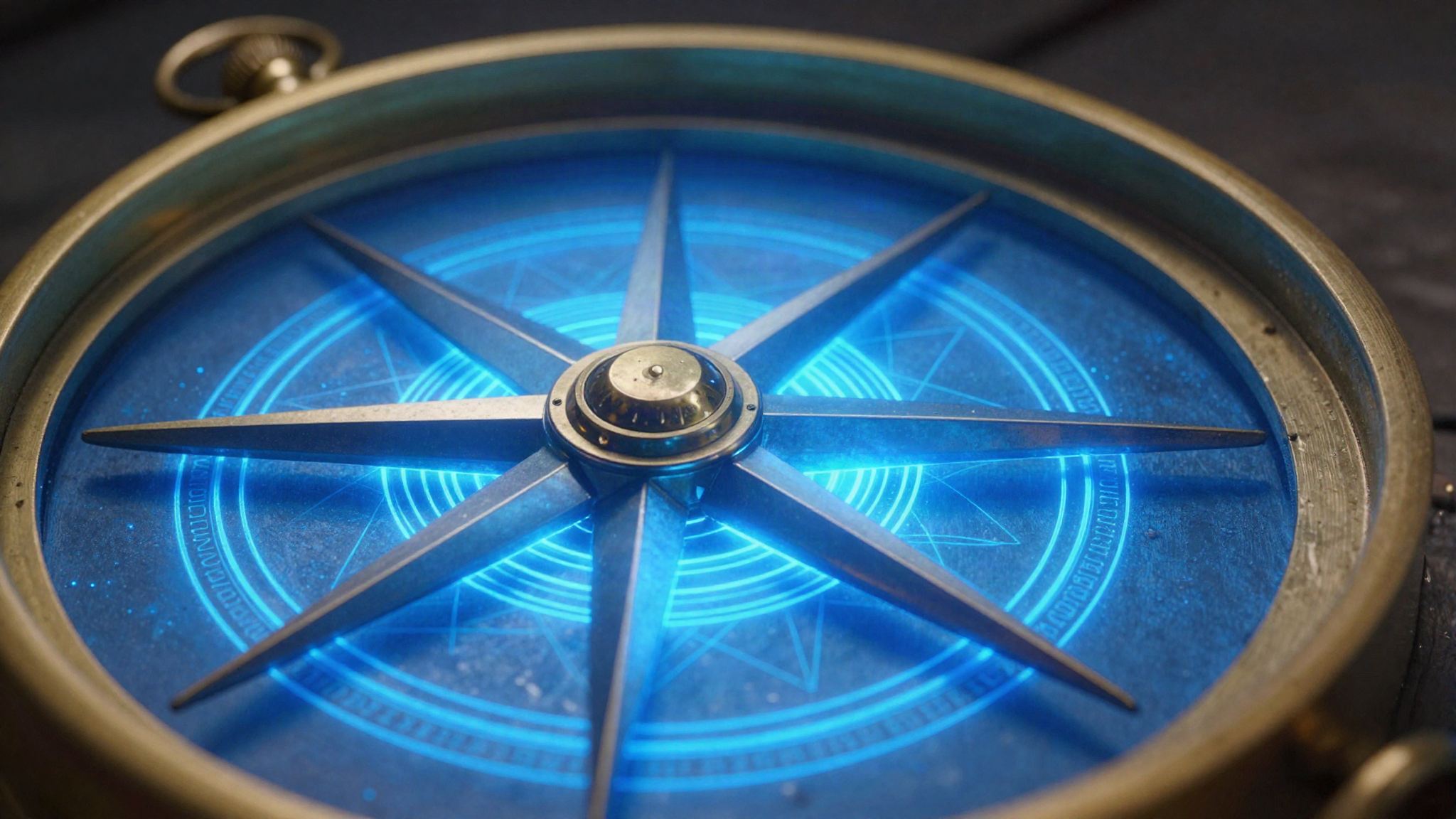 Antique mariner compass rose in electric blue light