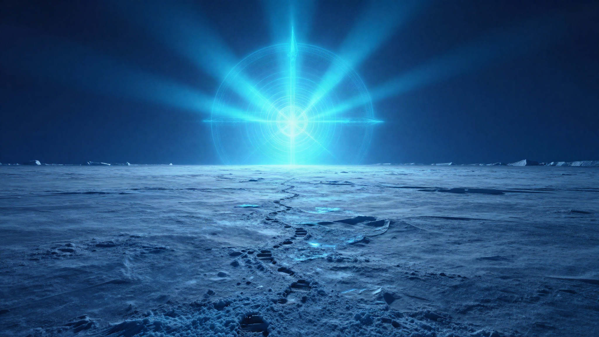 Arctic ice field with a single line of footprints running to the horizon