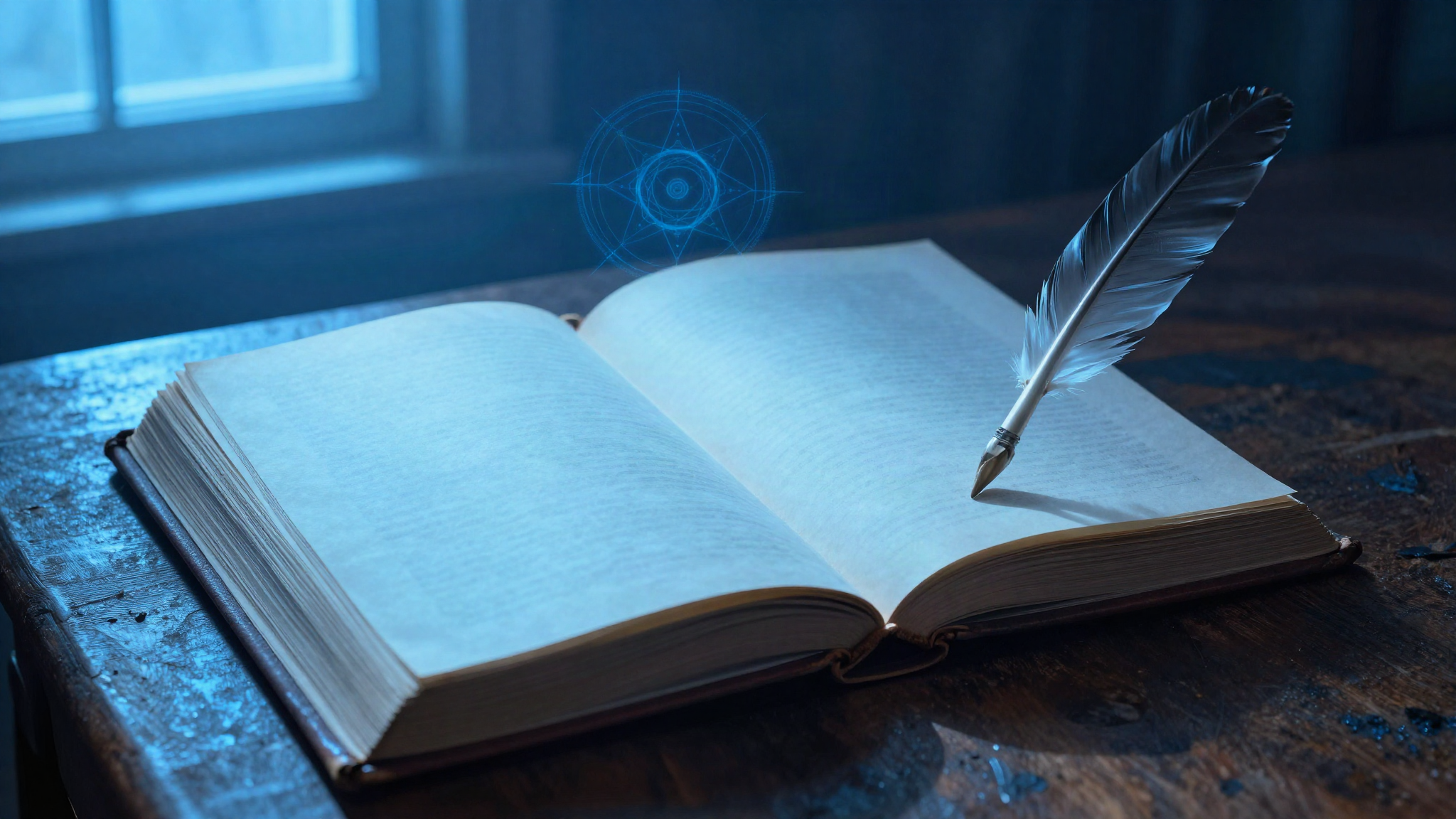An open leather-bound book with blank pages on a wooden desk in cold blue light