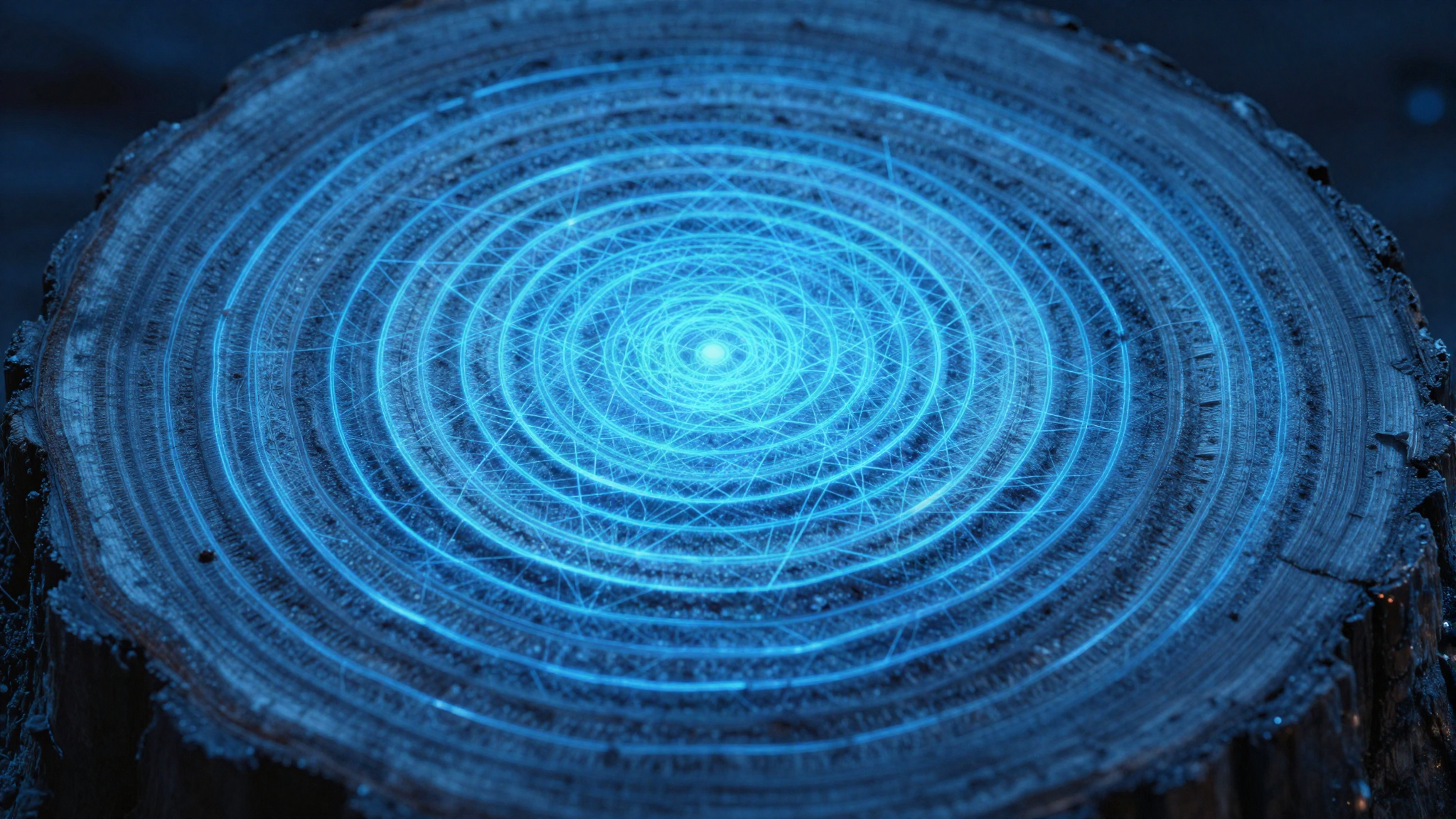 Concentric tree growth rings lit in electric cyan blue
