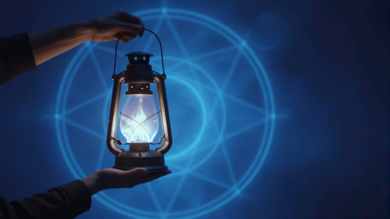 A lantern passed from an adult hand to a child hand in electric blue darkness
