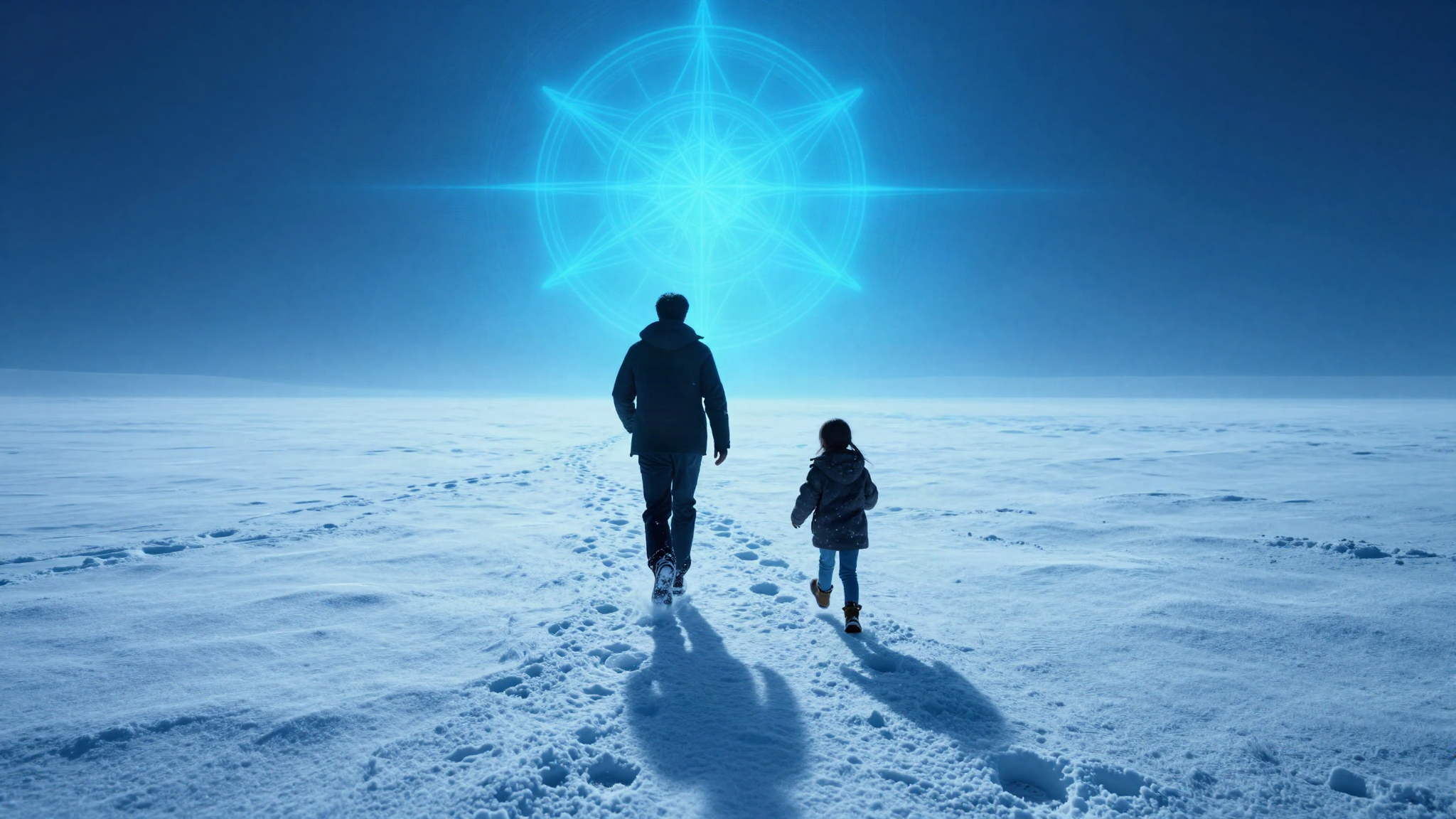 Two sets of footprints, one large and one small, crossing deep snow in blue light
