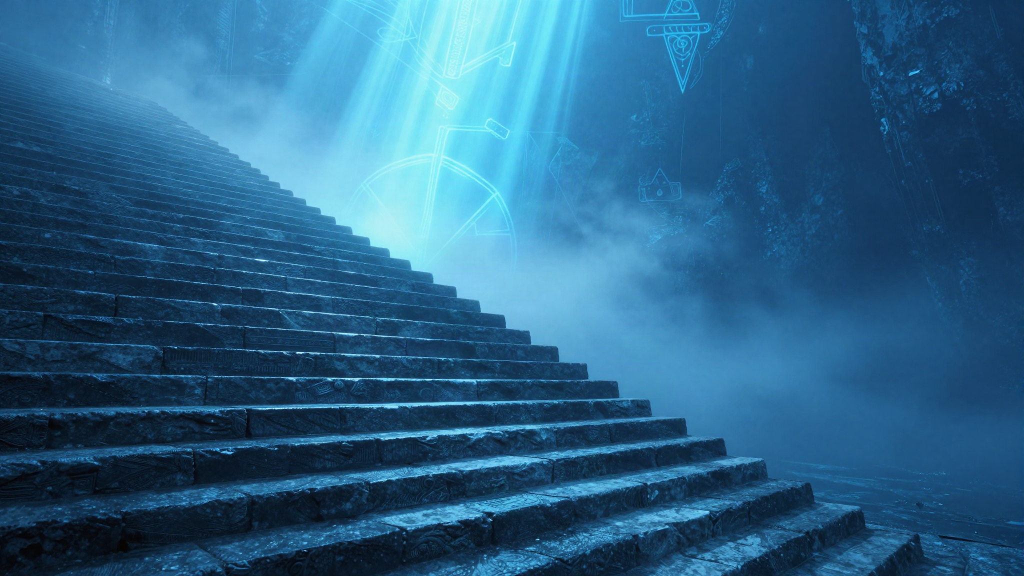 An ancient stone staircase worn smooth by centuries of repetition ascending into blue mist