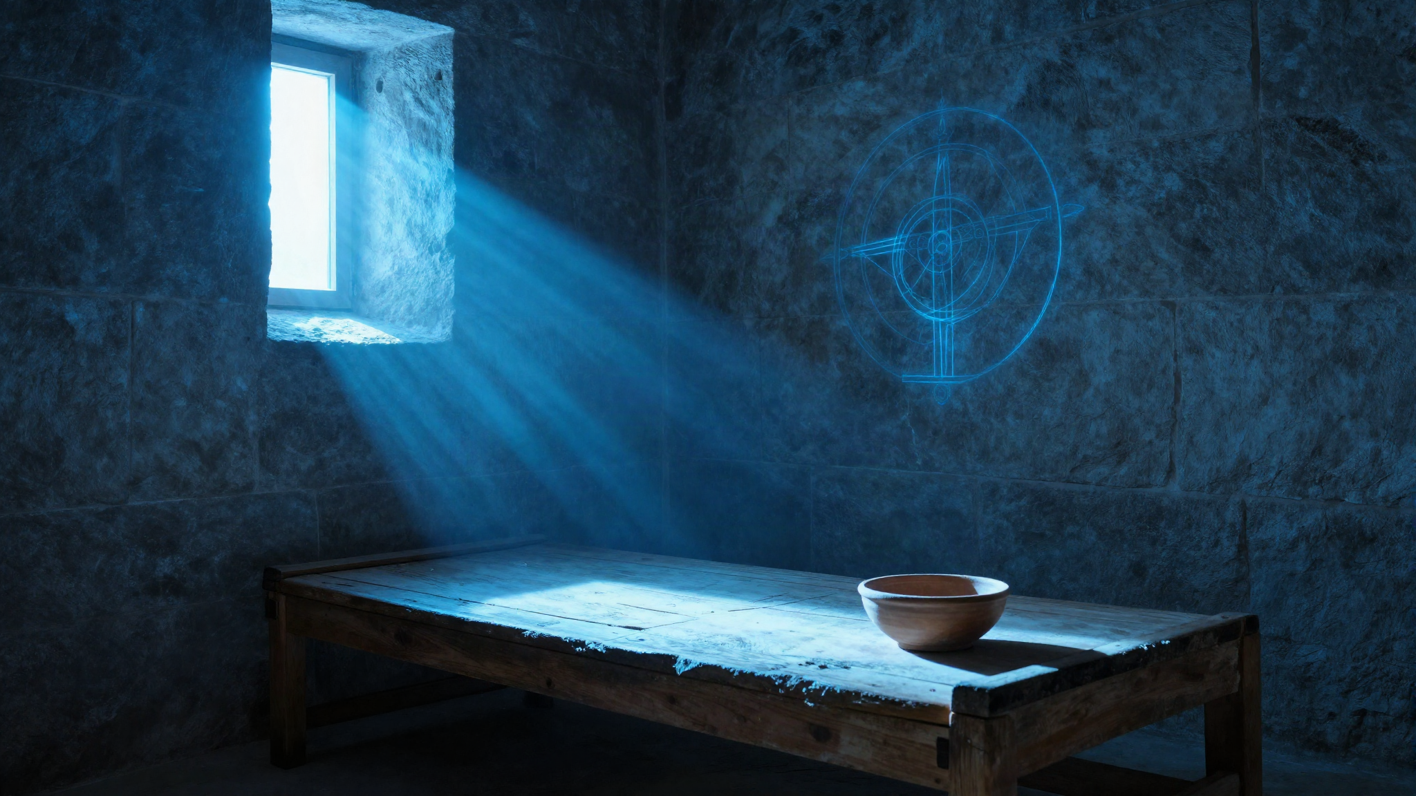 Bare stone cell with a plank bed lit in cold blue