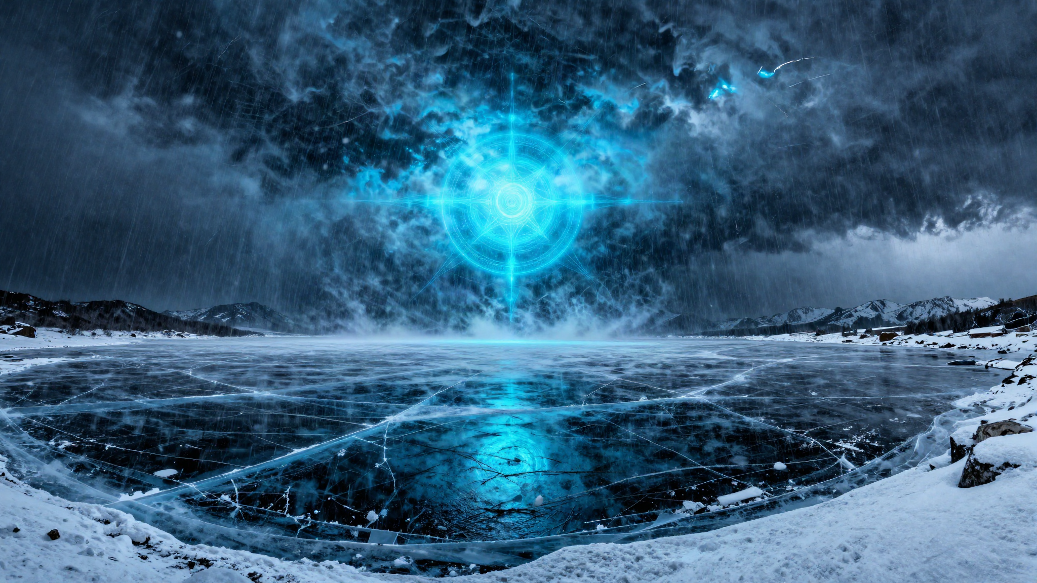 Frozen alpine lake of cracked black ice under a blue storm sky