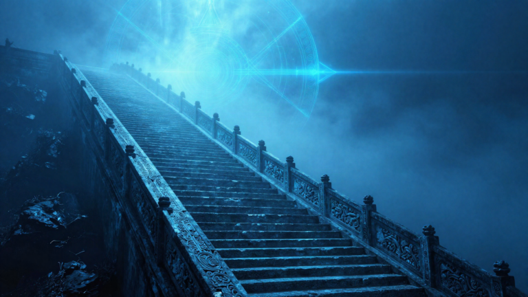 Ancient stone staircase ascending into blue mist