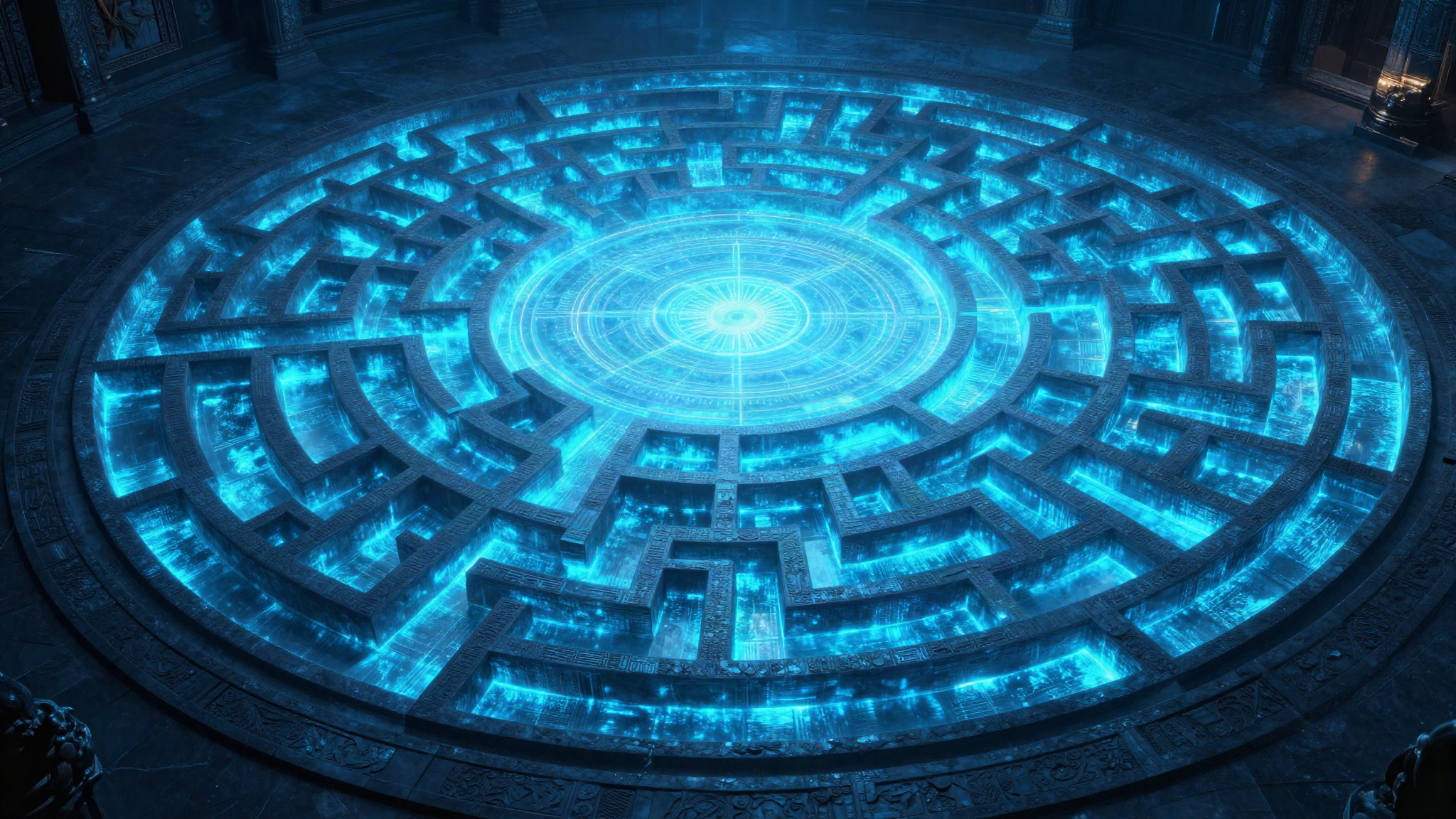 Ancient labyrinth carved into a stone floor glowing blue