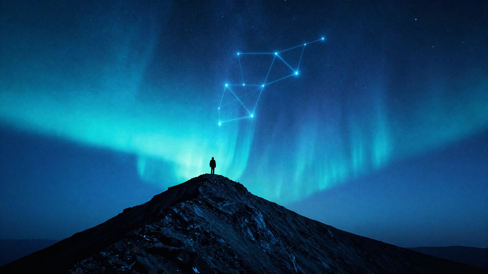 Lone summit ridge silhouetted against a blue aurora sky