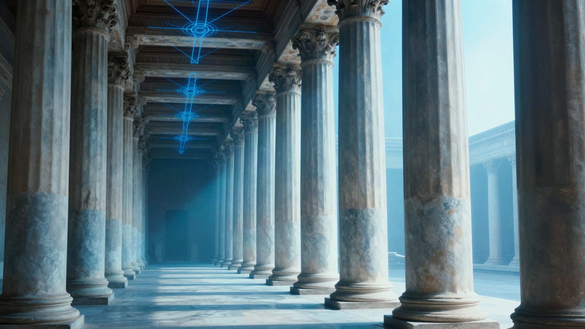 Roman marble colonnade with volumetric blue light