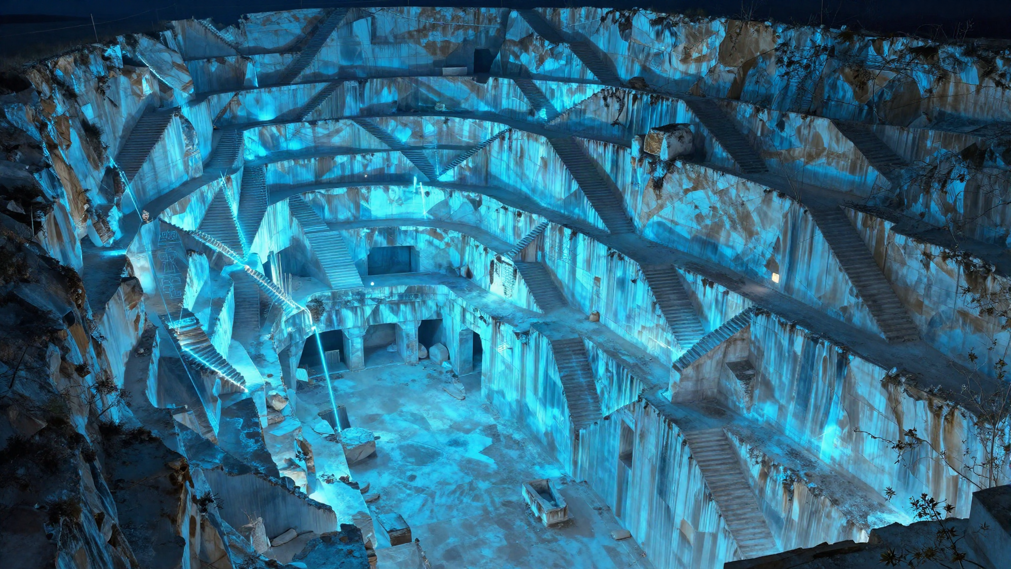 Aerial view of a terraced marble quarry in blue light