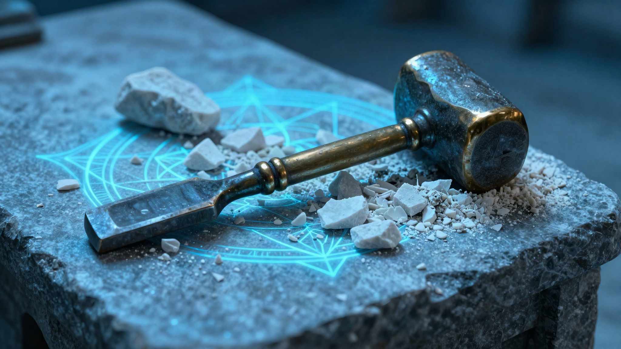 Bronze chisel and marble fragments lit in electric blue