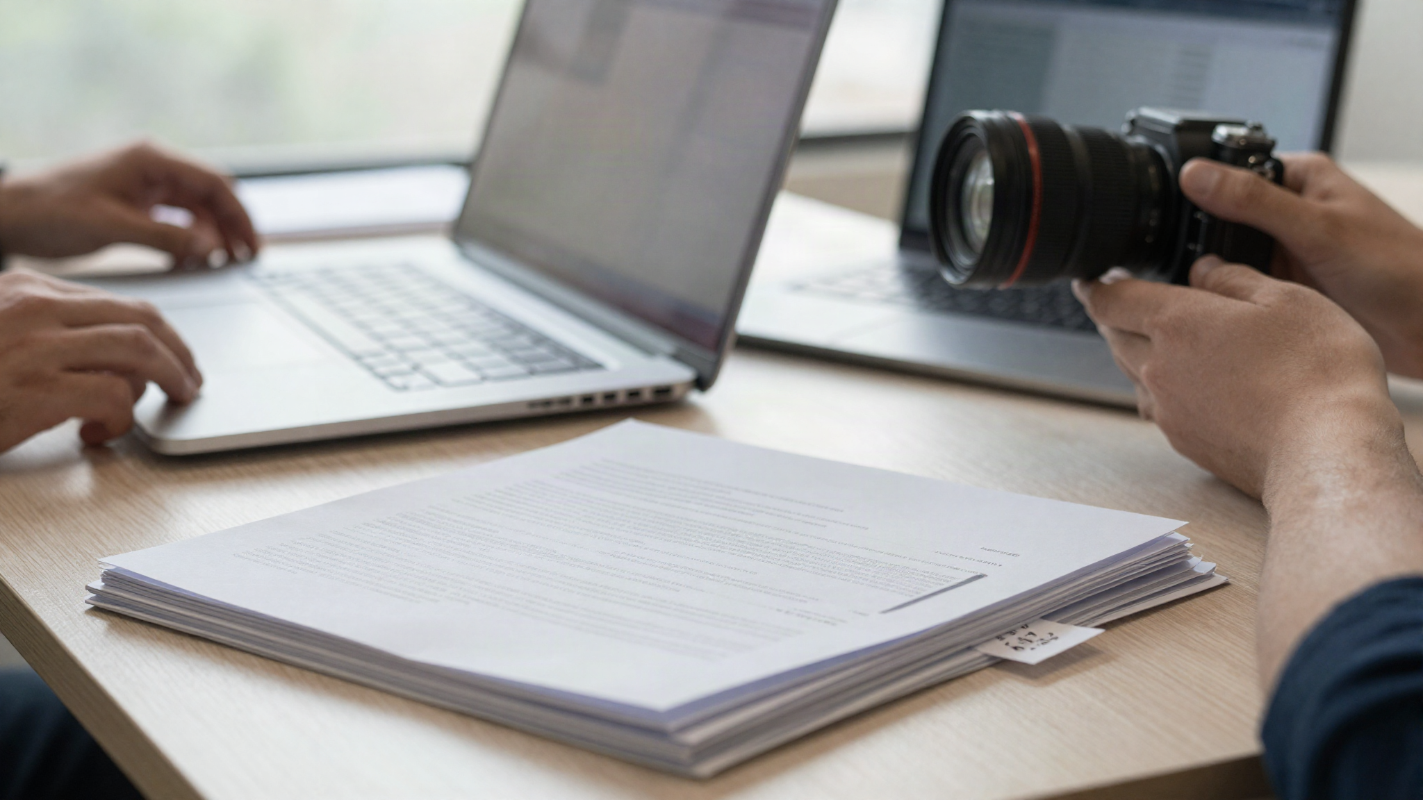 Founder desk with printed pages and labelled folders beside a laptop in morning light